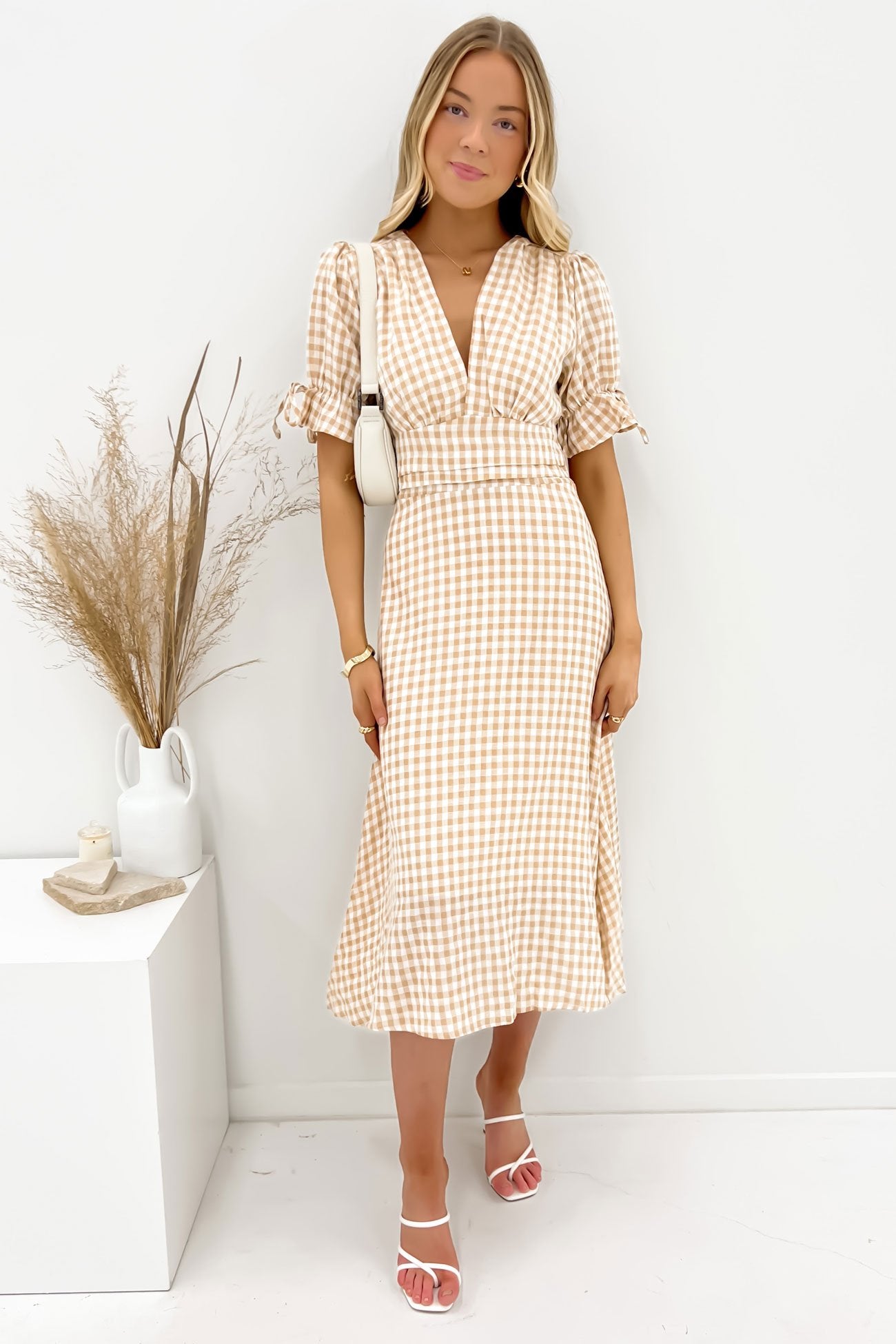 Aspyn Midi Dress Beige Check