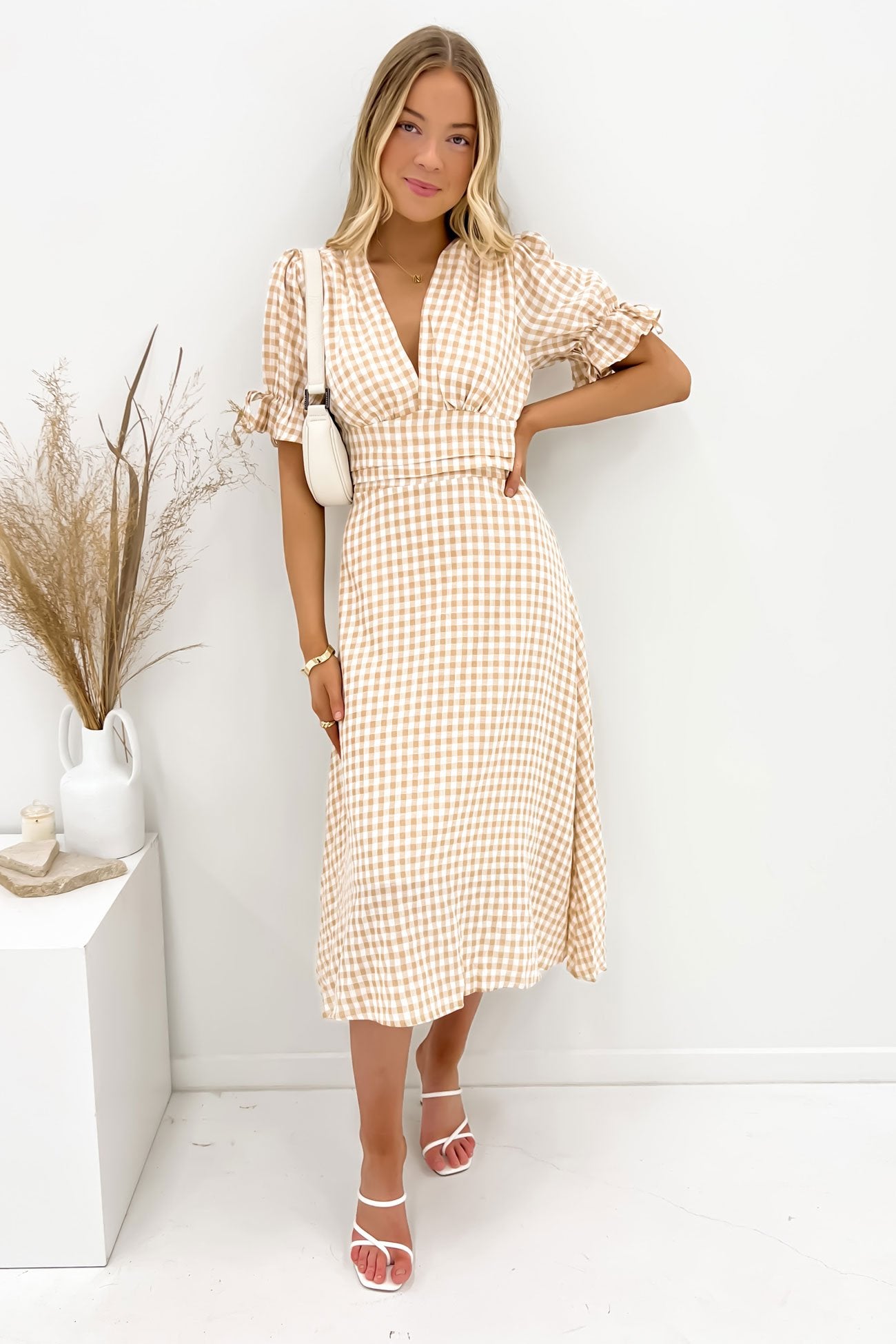 Aspyn Midi Dress Beige Check