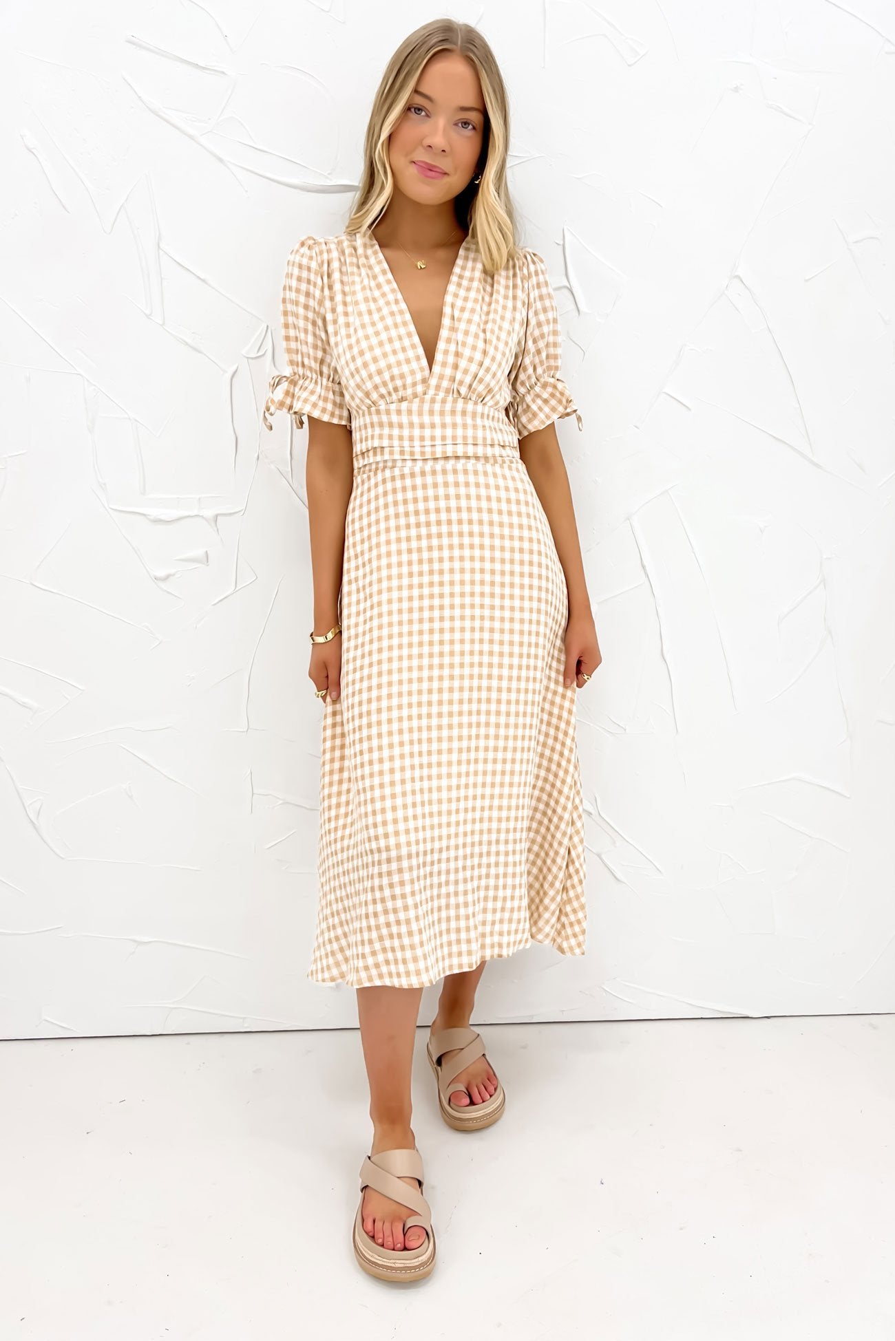 Aspyn Midi Dress Beige Check