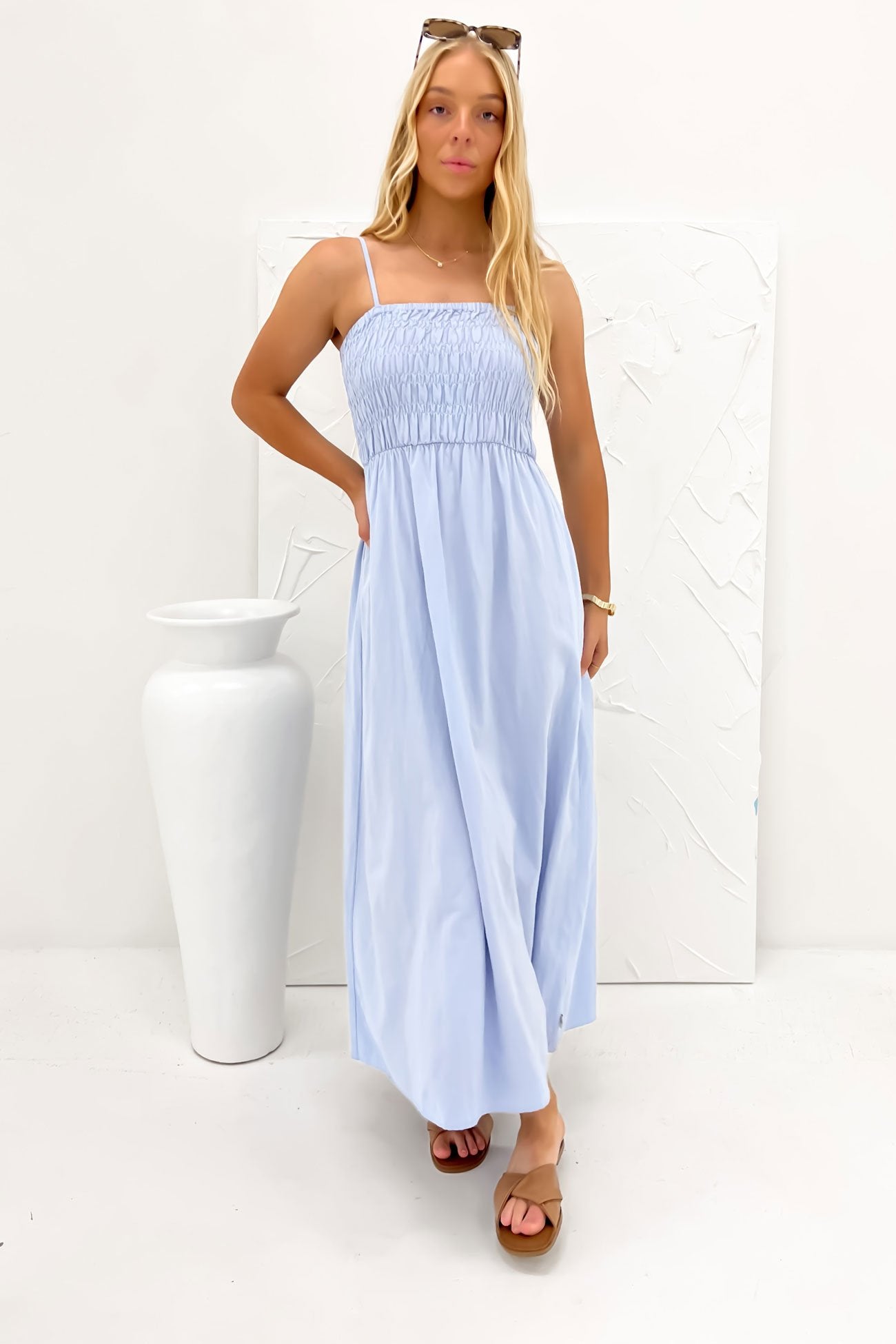 Classic Shirred Midi Dress Blue