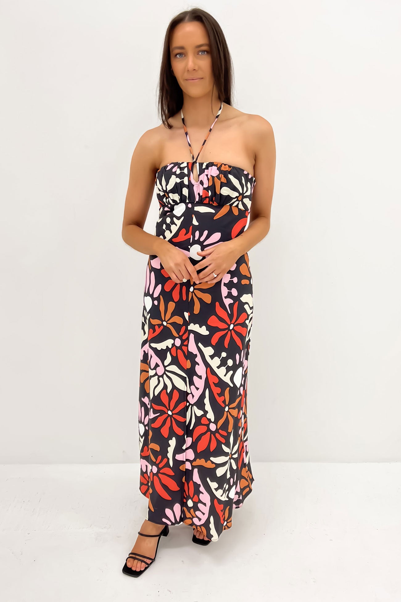 Dandy Breeze Gathered Halter Dress Black Multi