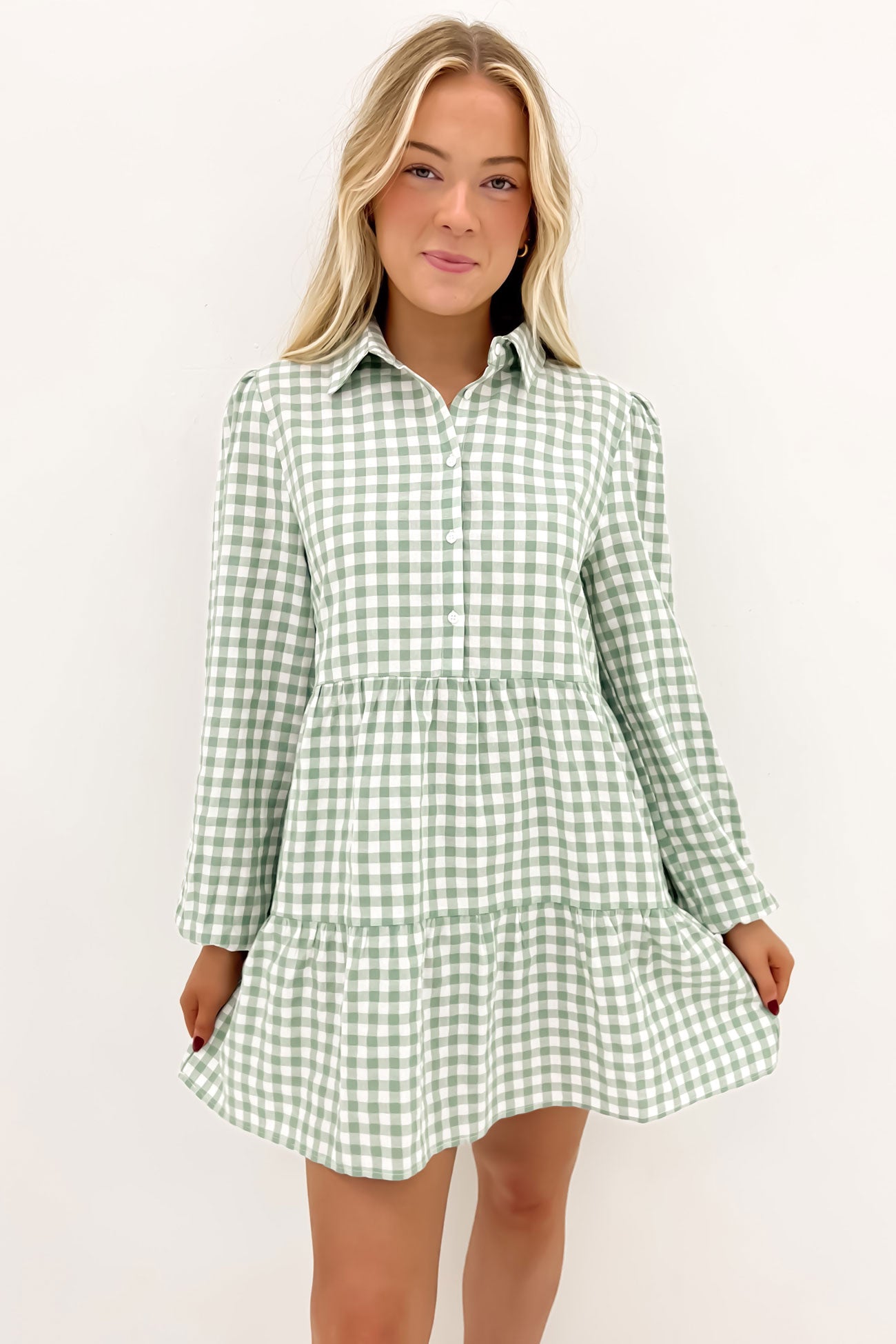 Frankie Check Long Sleeve Mini Dress Sage