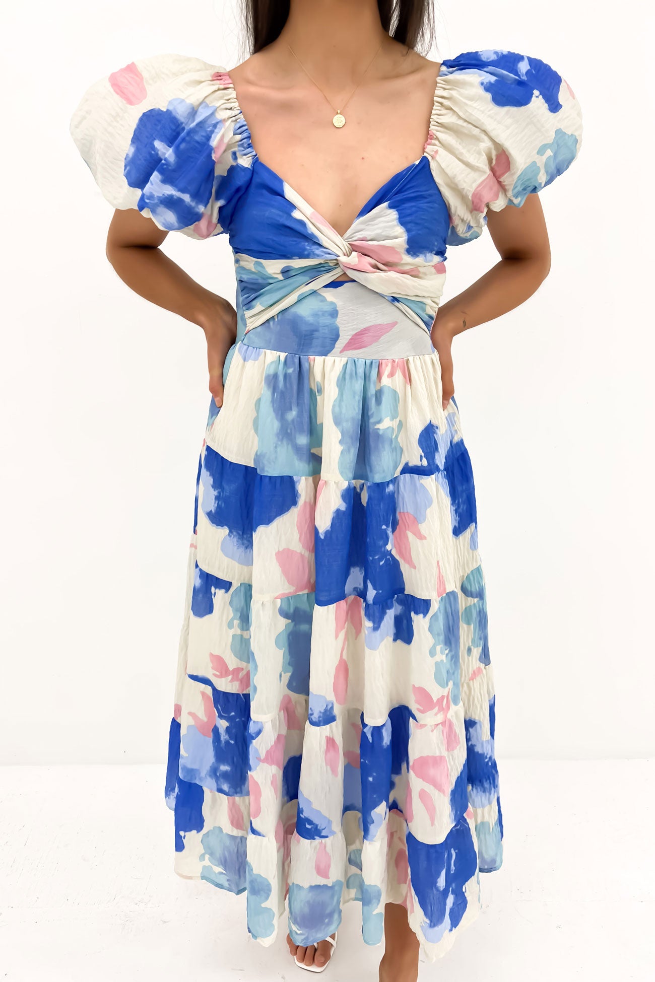 Harriette Midi Dress Blue Pink Floral