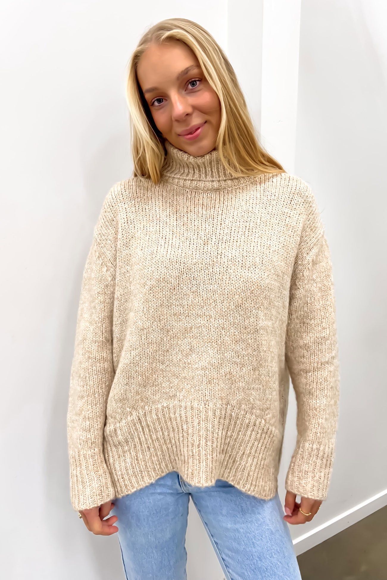 Kaleb Roll Neck Knit Jumper Latte