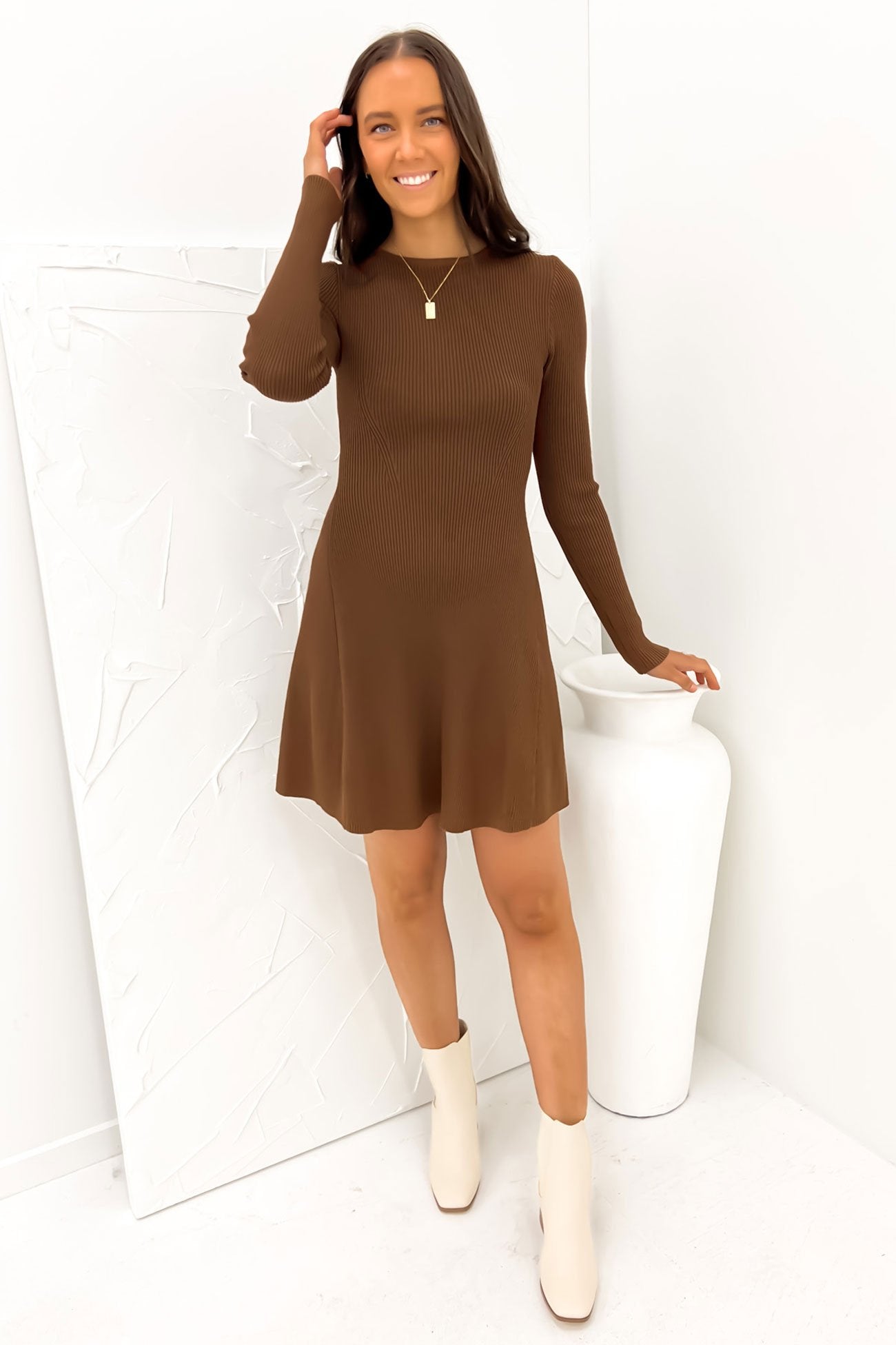 Kiani Rib Knit Mini Dress Chocolate