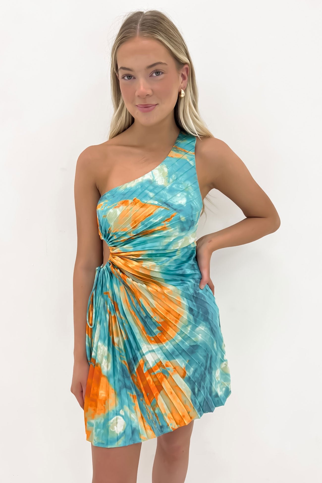 Kym Mini Dress Orange Teal Watercolour