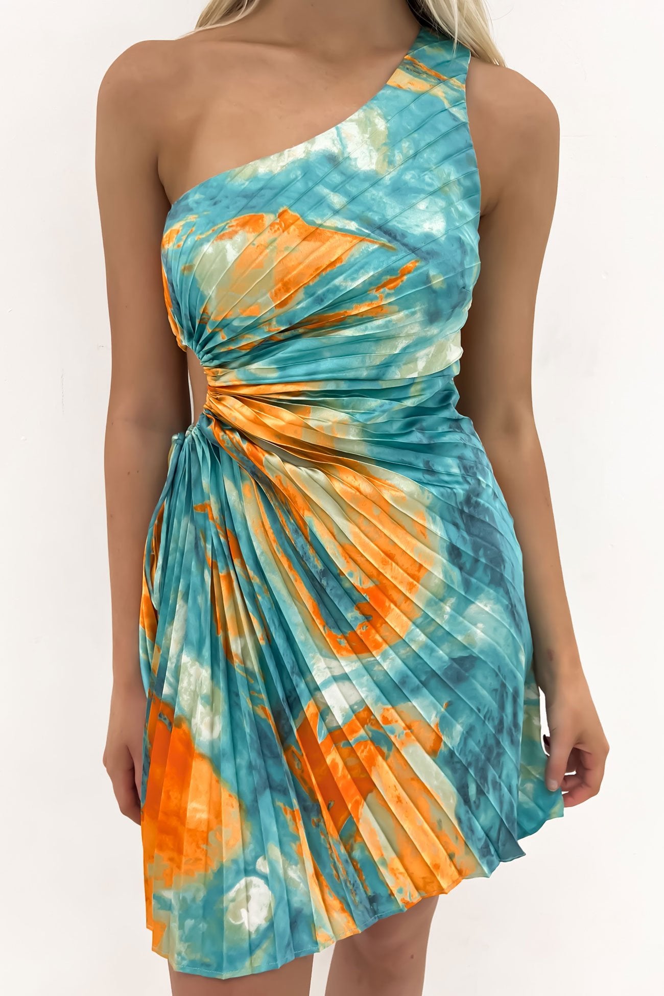 Kym Mini Dress Orange Teal Watercolour