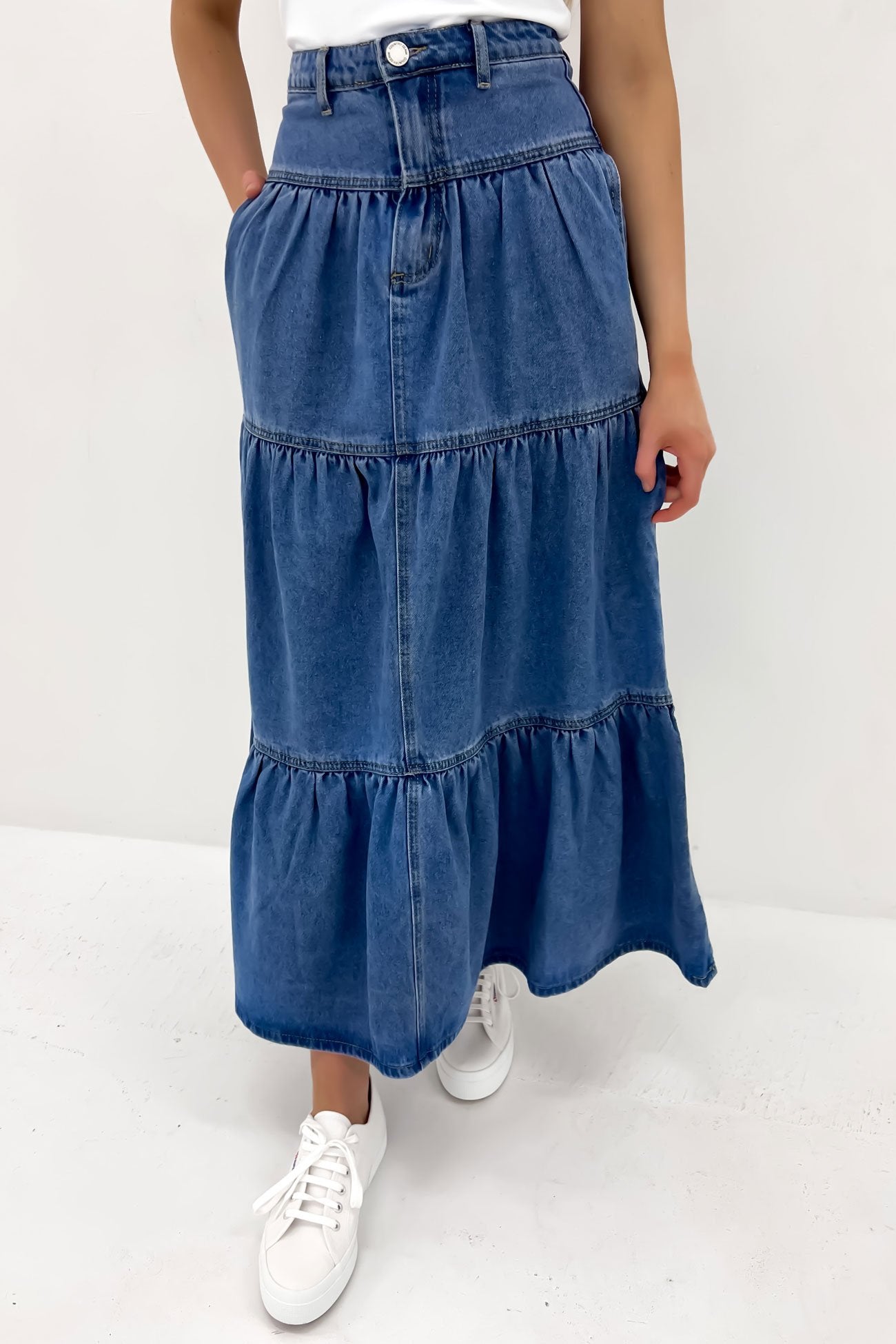 Leela Denim Midi Skirt Mid Blue