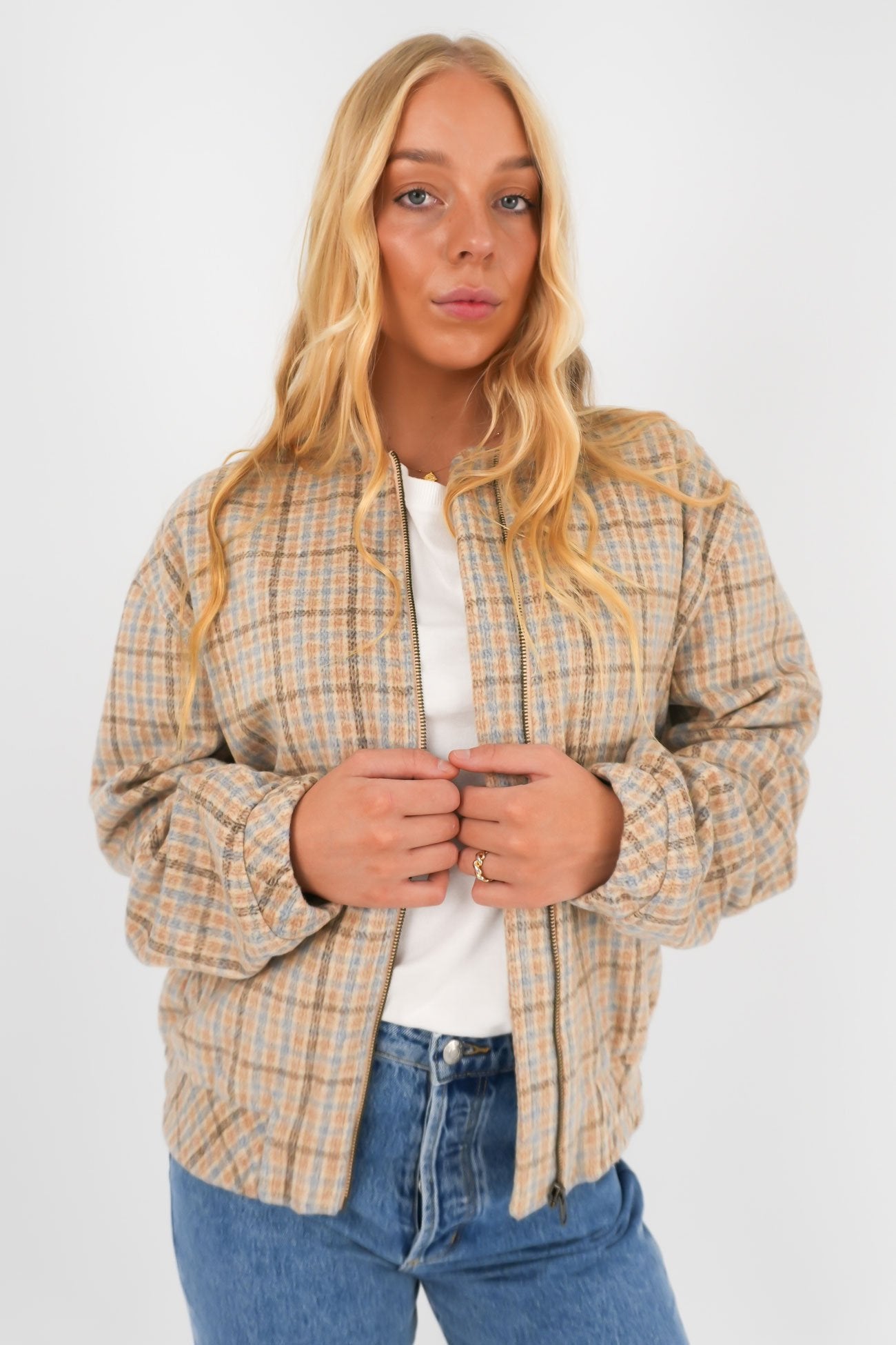 Luca Oversized Check Bomber Jacket Blue