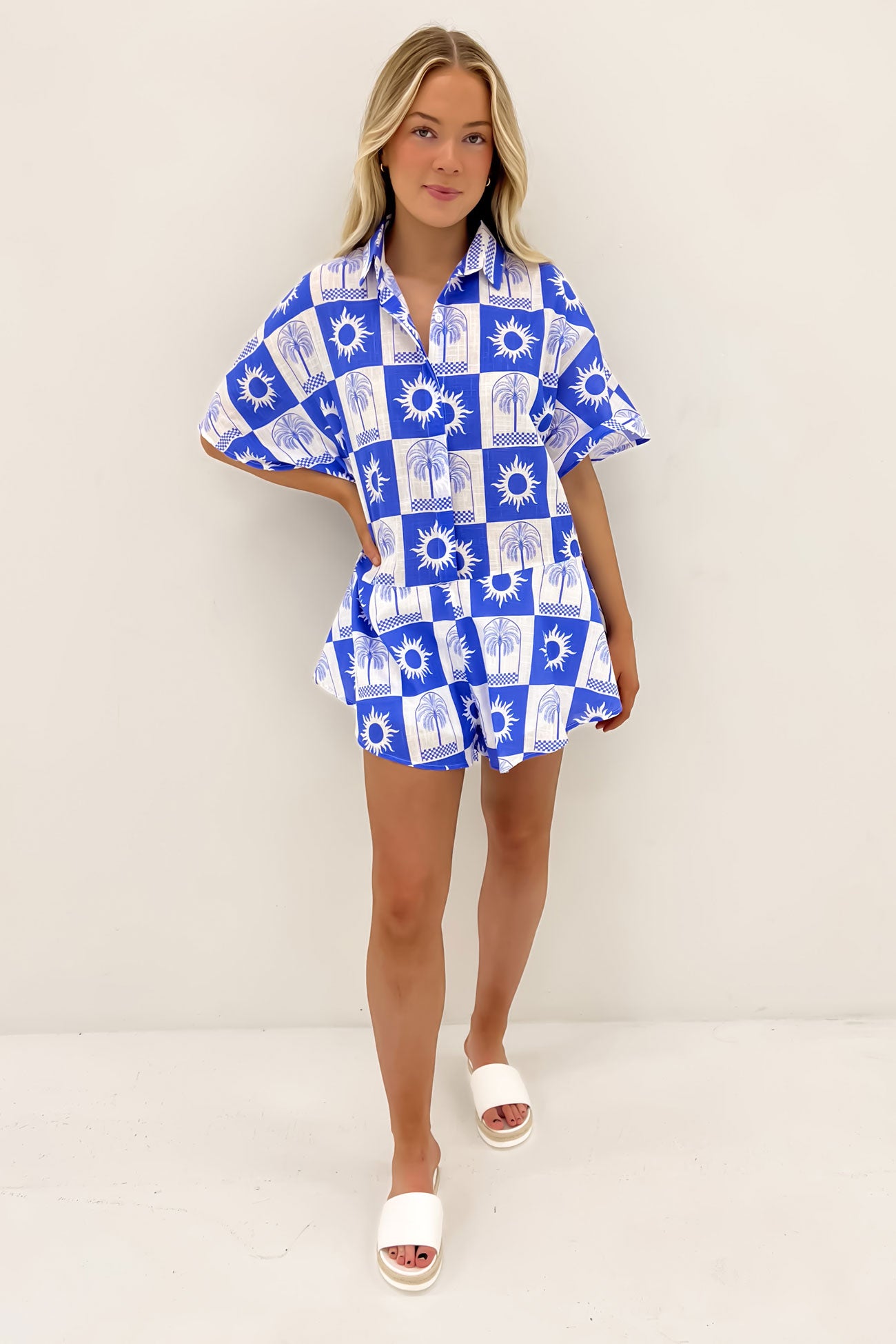 Lucia Playsuit White Blue Sun Palm Checkers