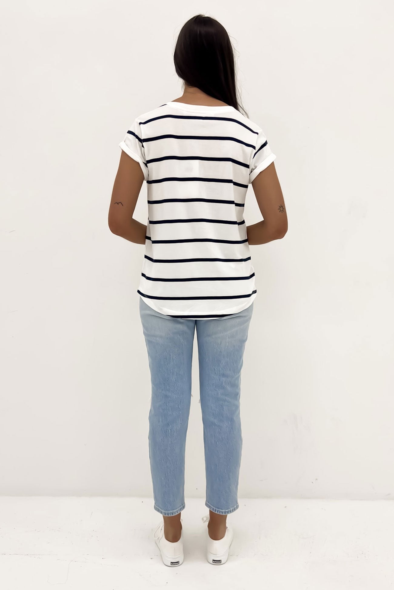 Manly Stripe Vee Tee White Navy Strip