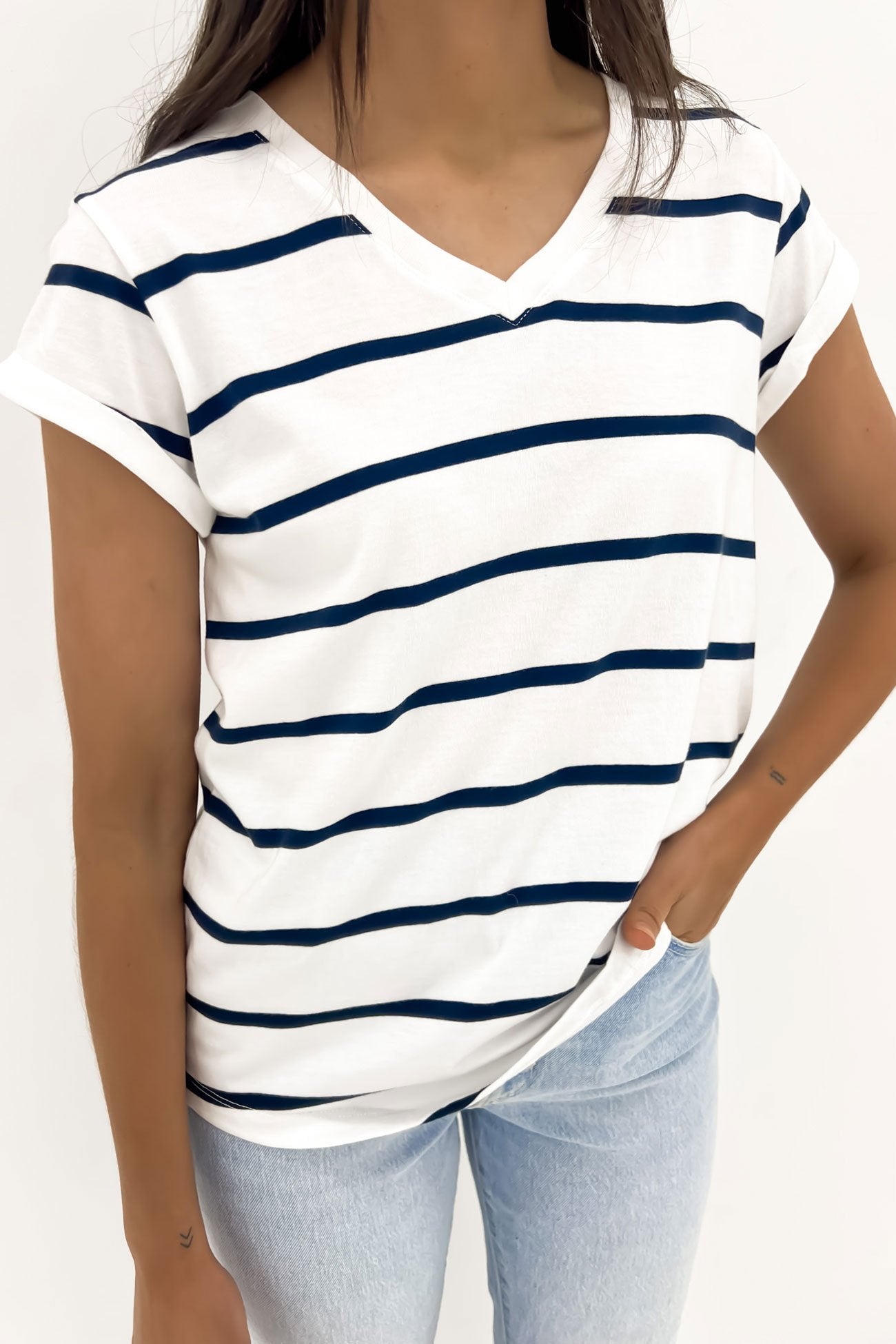 Manly Stripe Vee Tee White Navy Strip