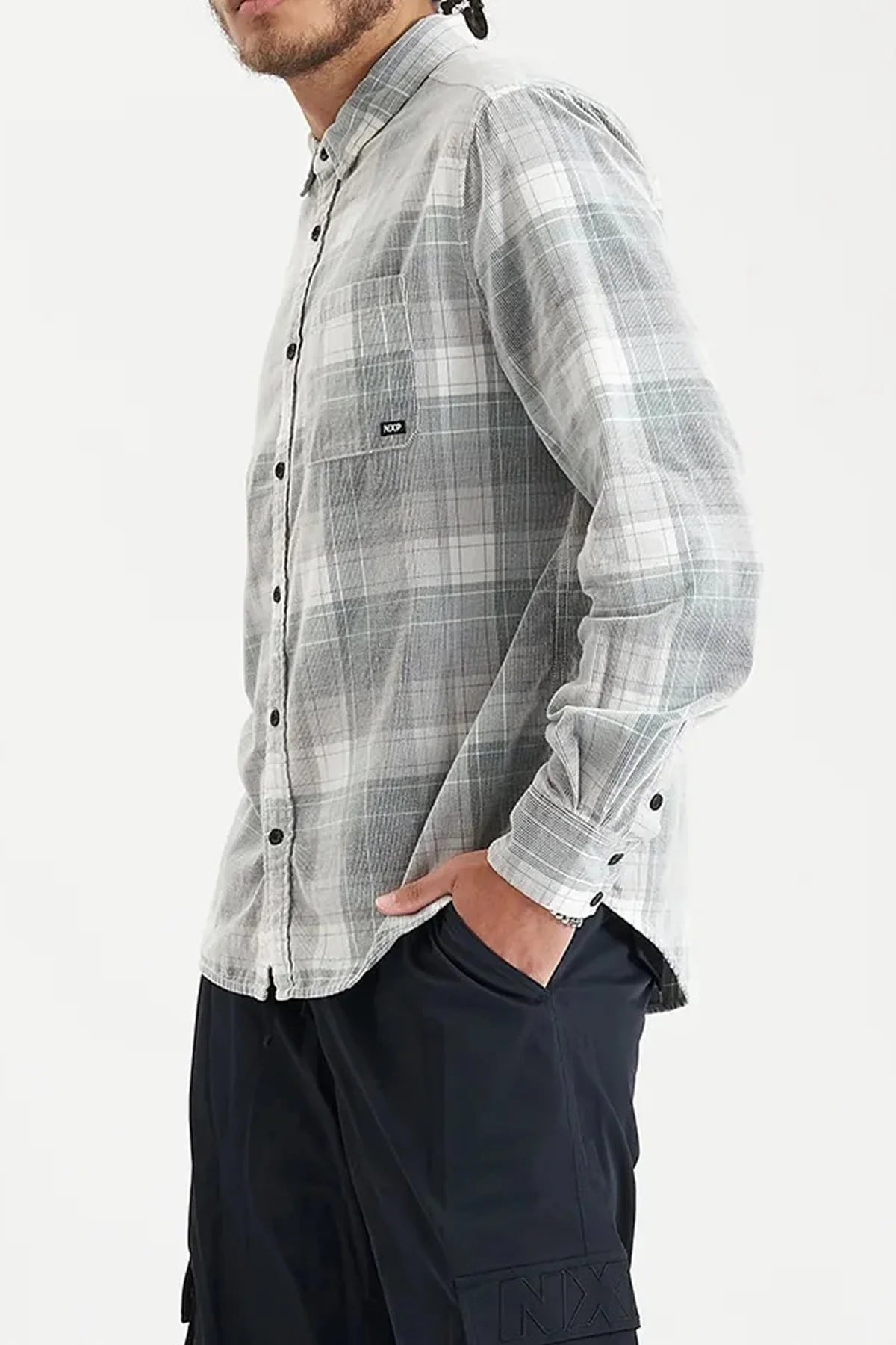 Match Cord Long Sleeve Shirt Silver Pine White Check