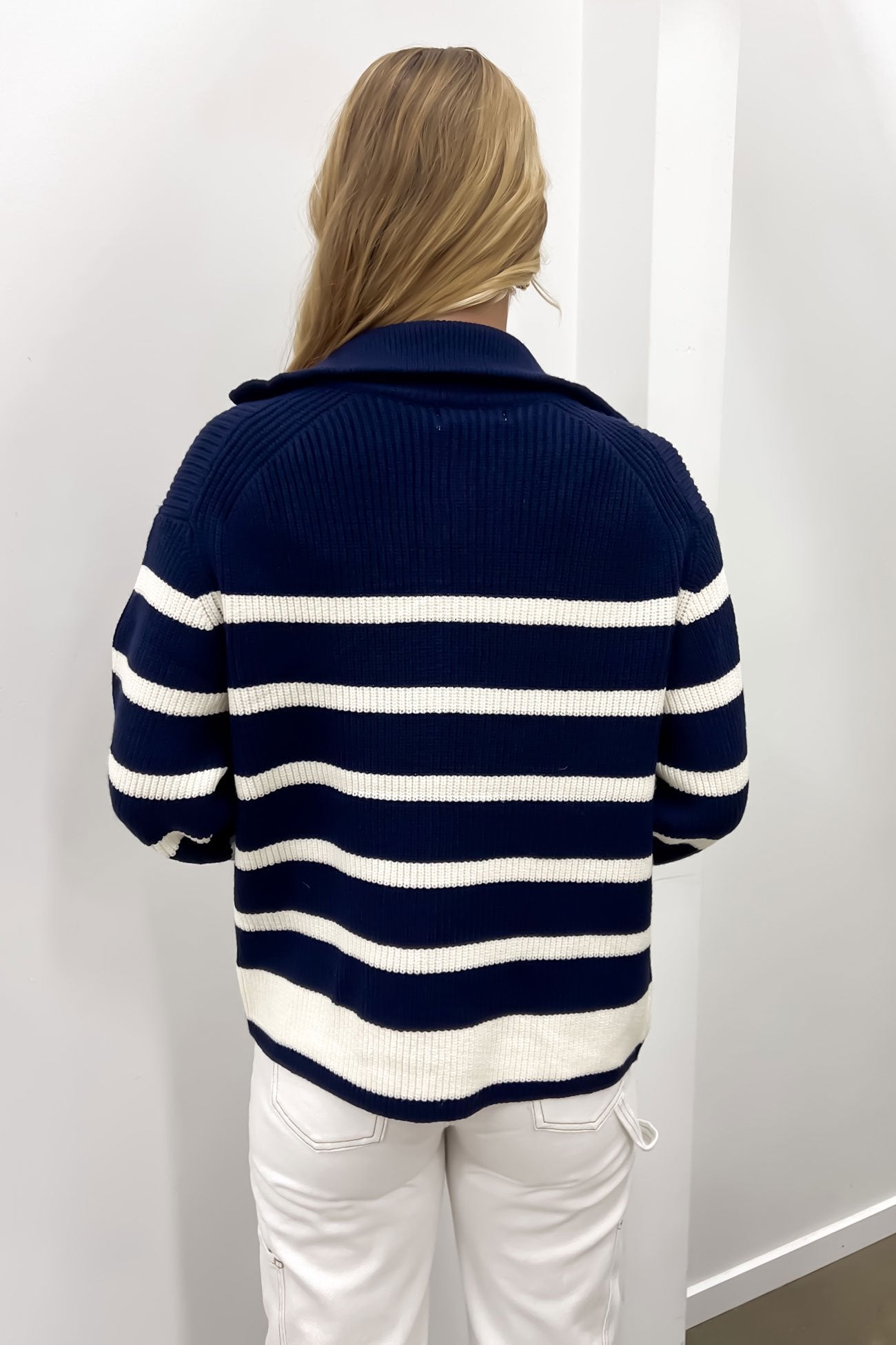 Monique Knit Zip Thru Jumper Navy White