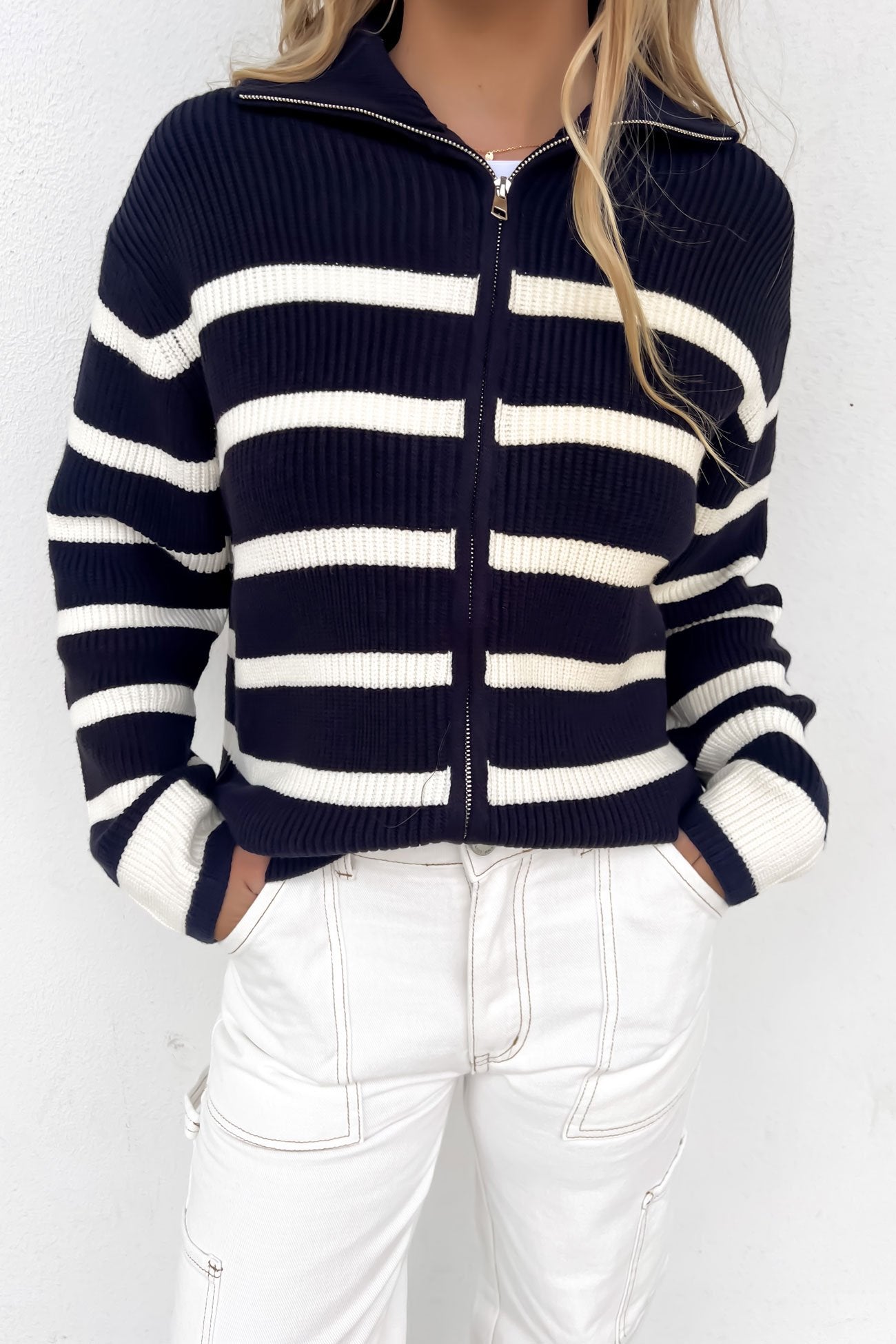 Monique Knit Zip Thru Jumper Navy White