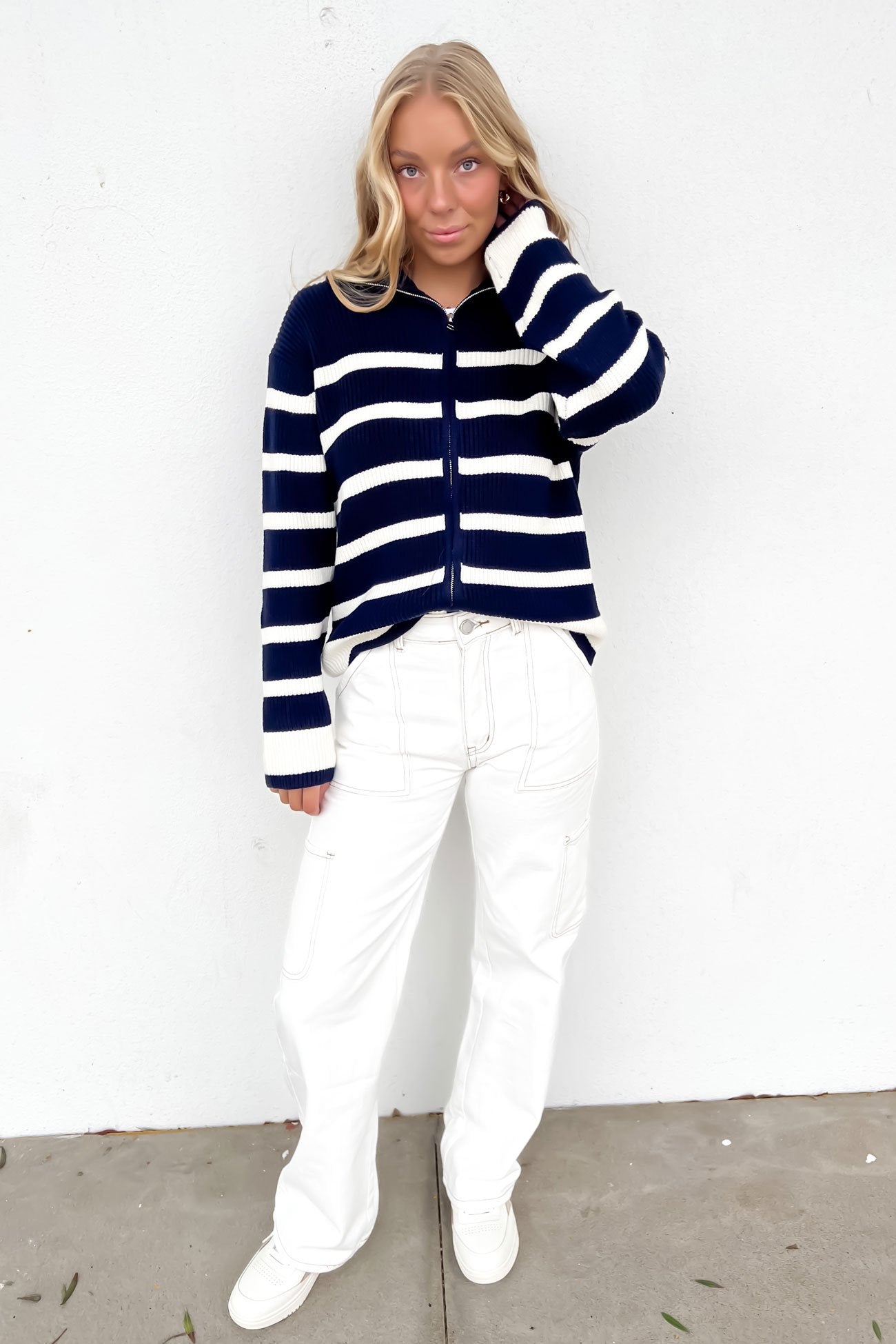 Monique Knit Zip Thru Jumper Navy White