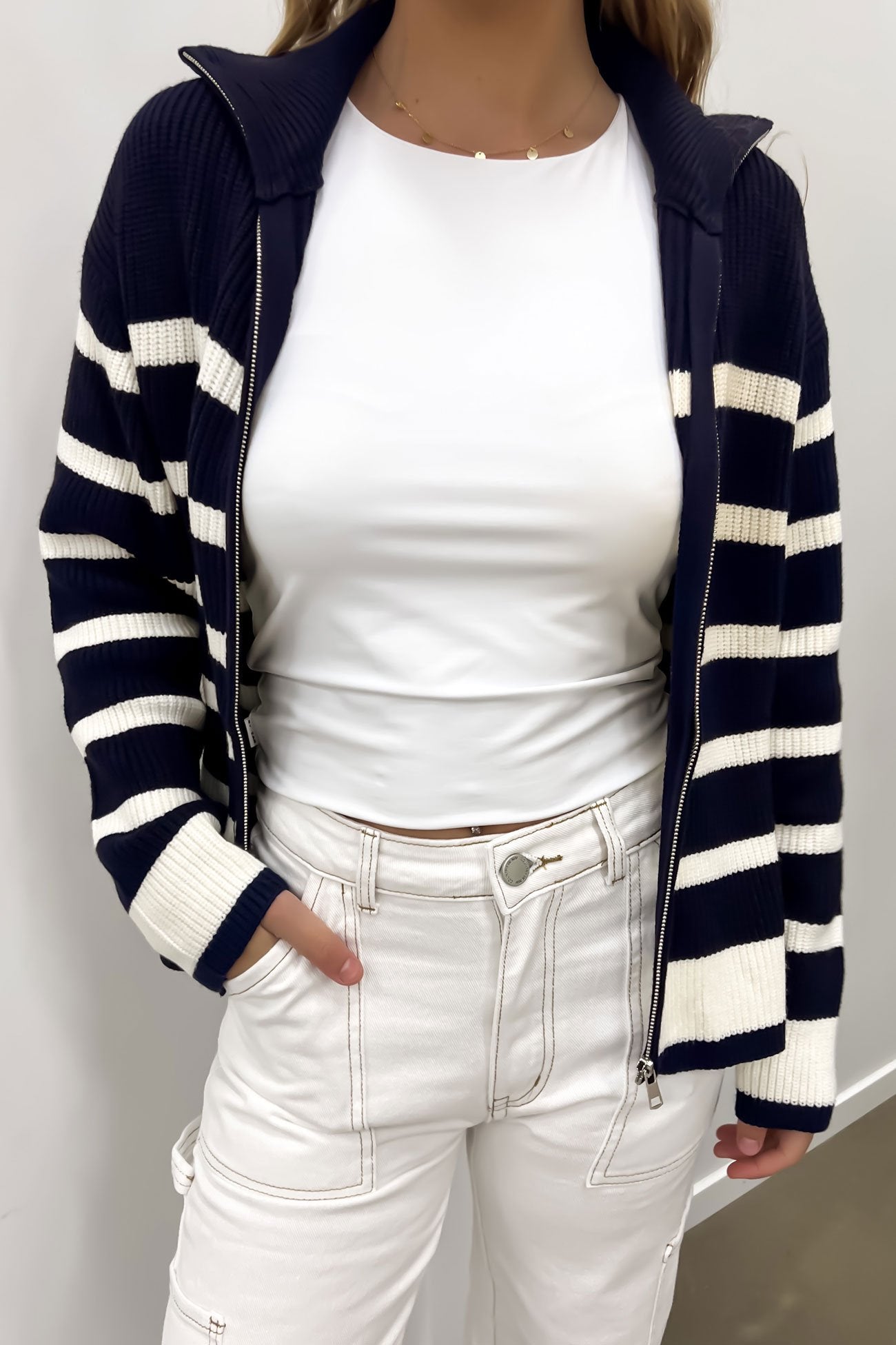 Monique Knit Zip Thru Jumper Navy White