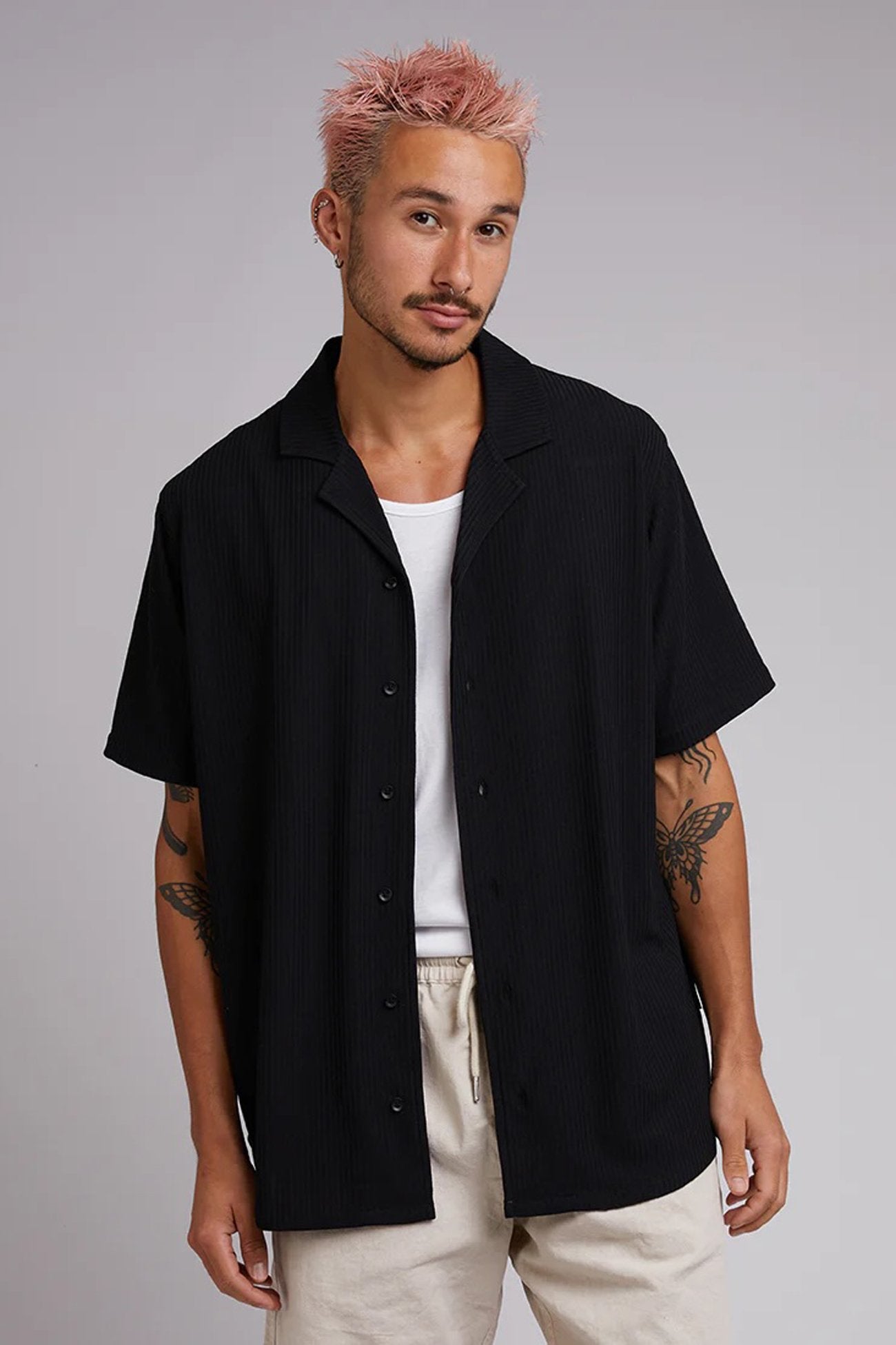 Moroccan Knit Short Sleeve Shirt Black