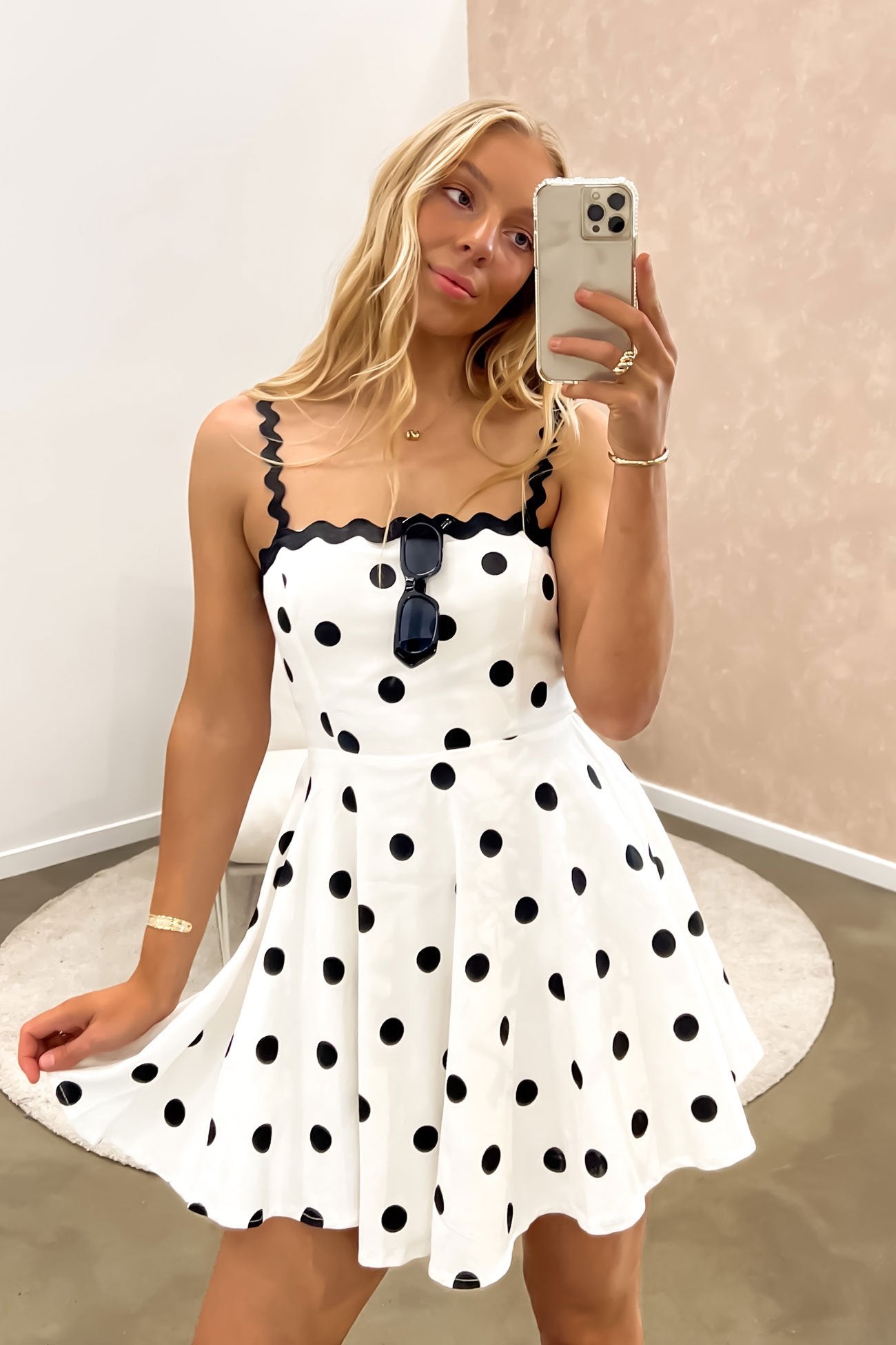 Moses Mini Dress White Black Polka Dot