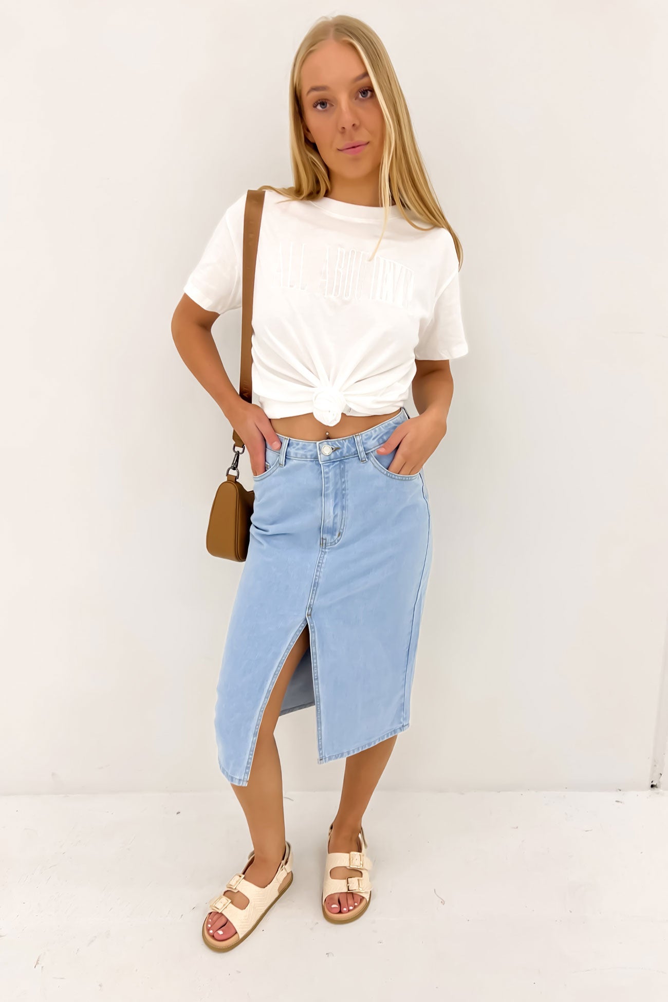 Nate Denim Midi Skirt Light Blue