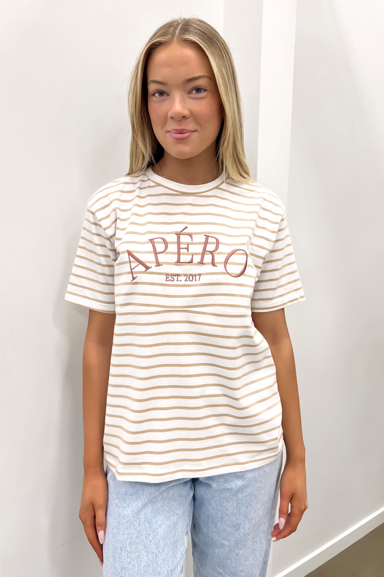 Old School Stripe Panel Tee White Beige Plum