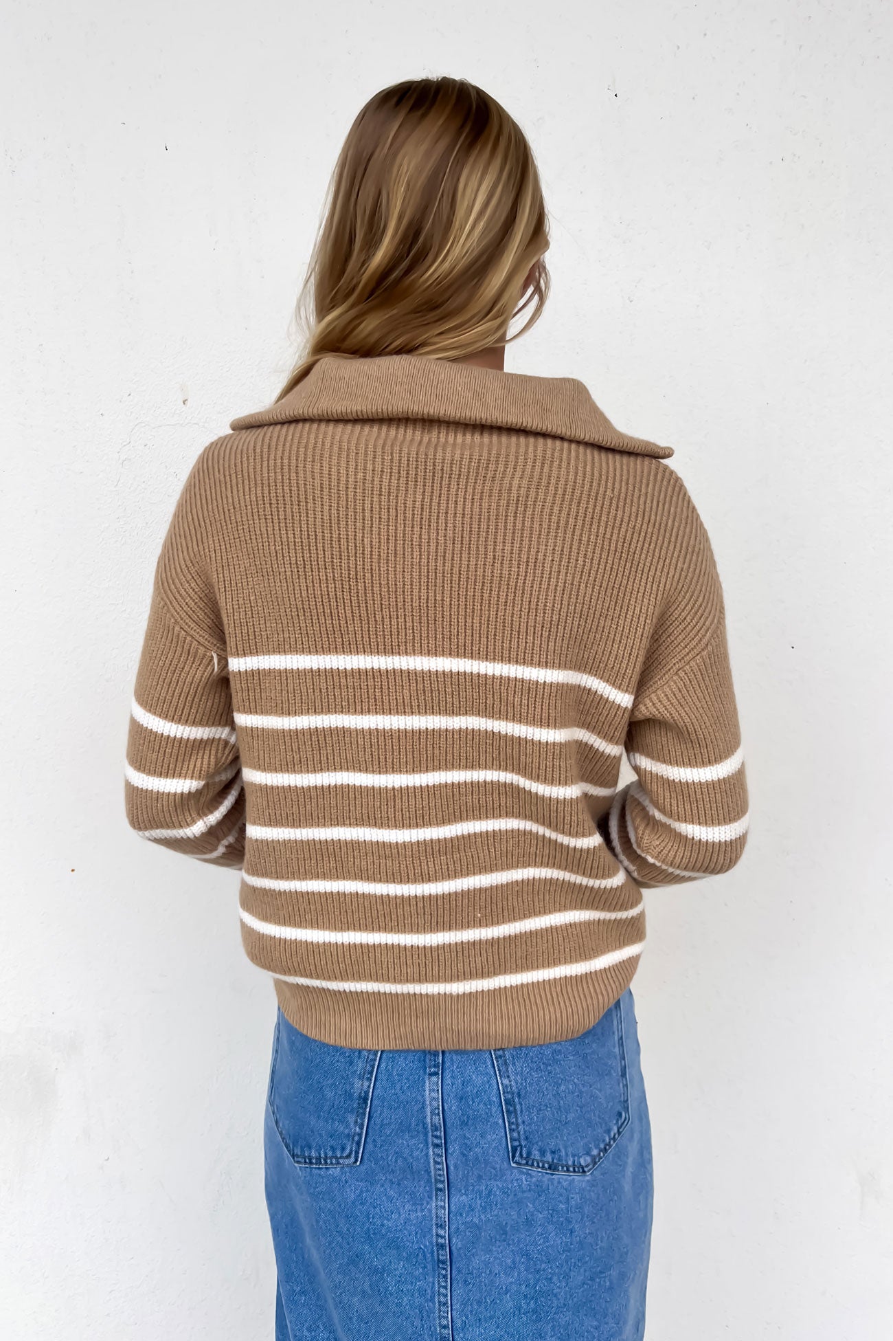 Rachael 1/4 Zip Knit Jumper Camel White Stripe