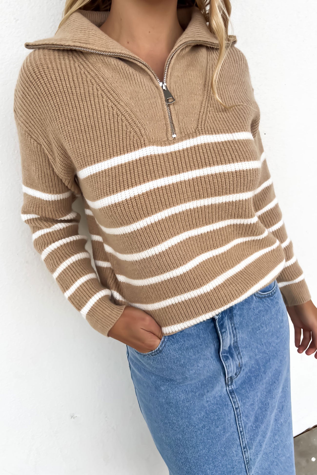 Rachael 1/4 Zip Knit Jumper Camel White Stripe