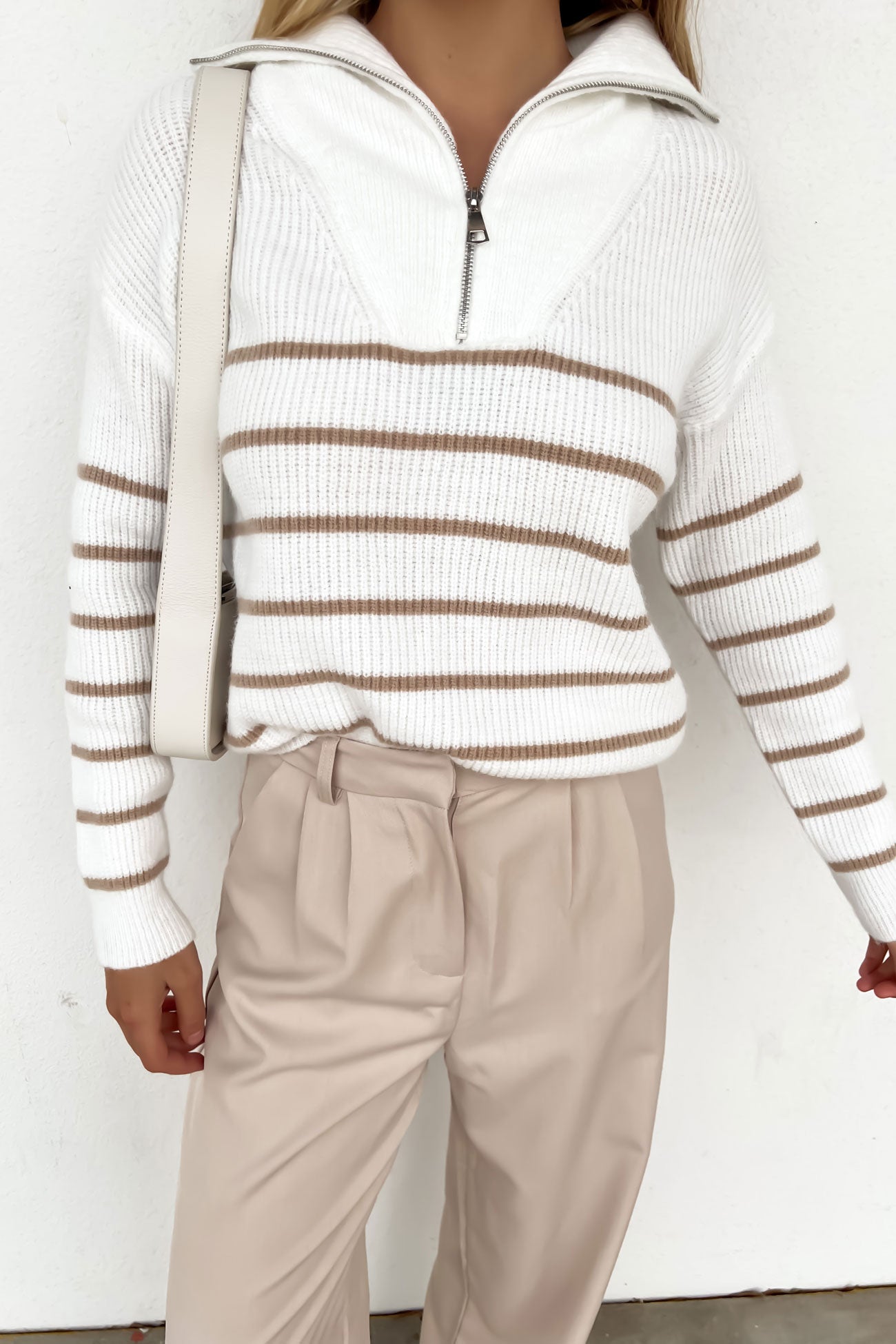 Rachael 1/4 Zip Knit Jumper White Camel Stripe