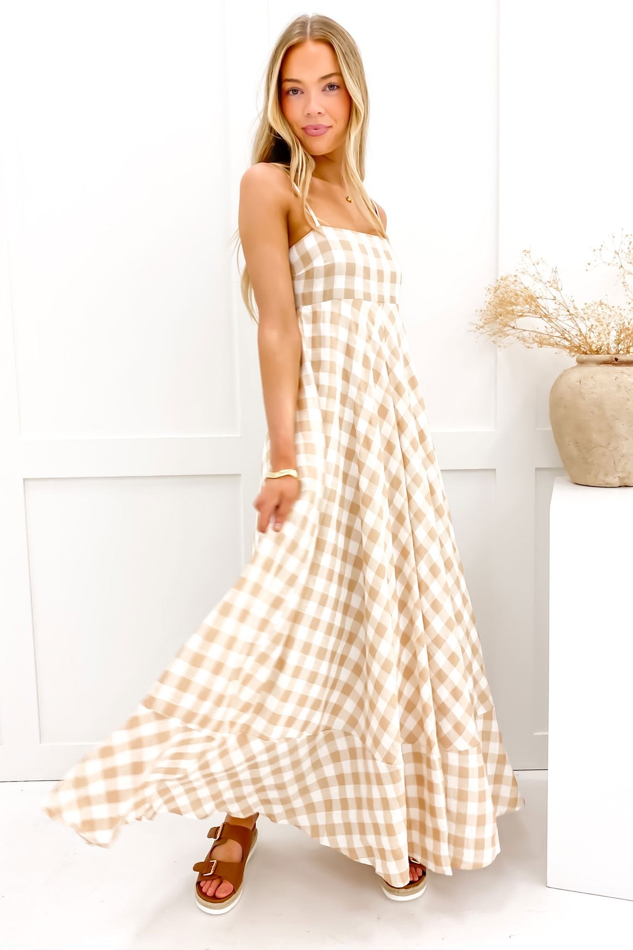 Raine Maxi Dress Beige Check