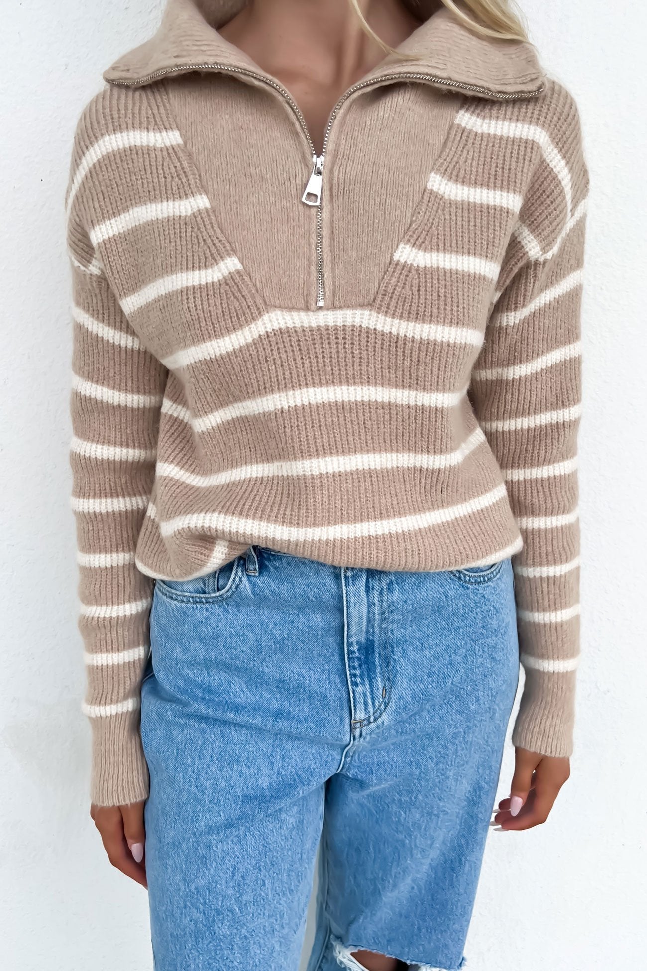 Rebecca 1/4 Zip Knit Jumper Latte White Stripe