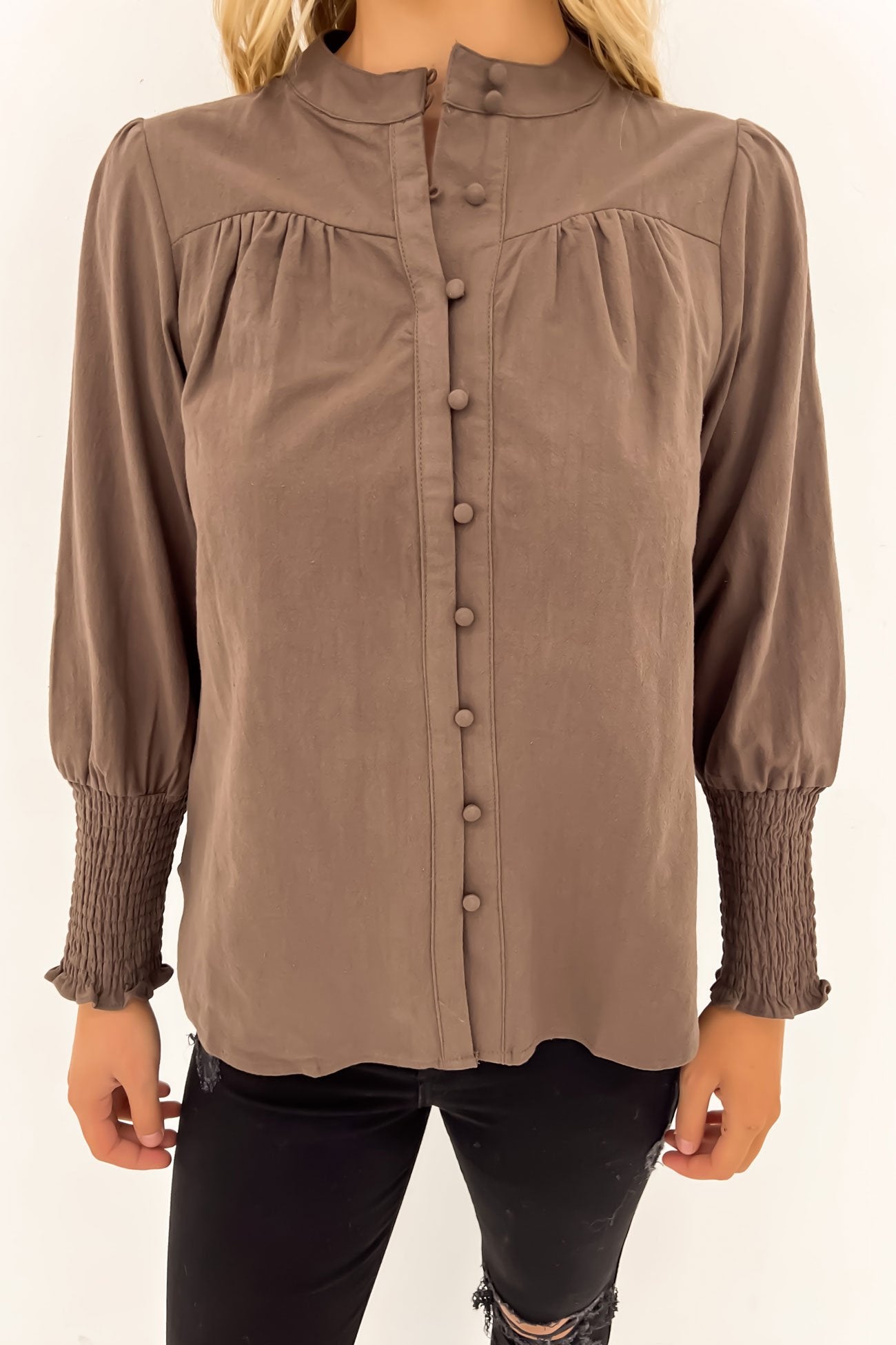 Roxy Shirred Cuff Blouse Chocolate