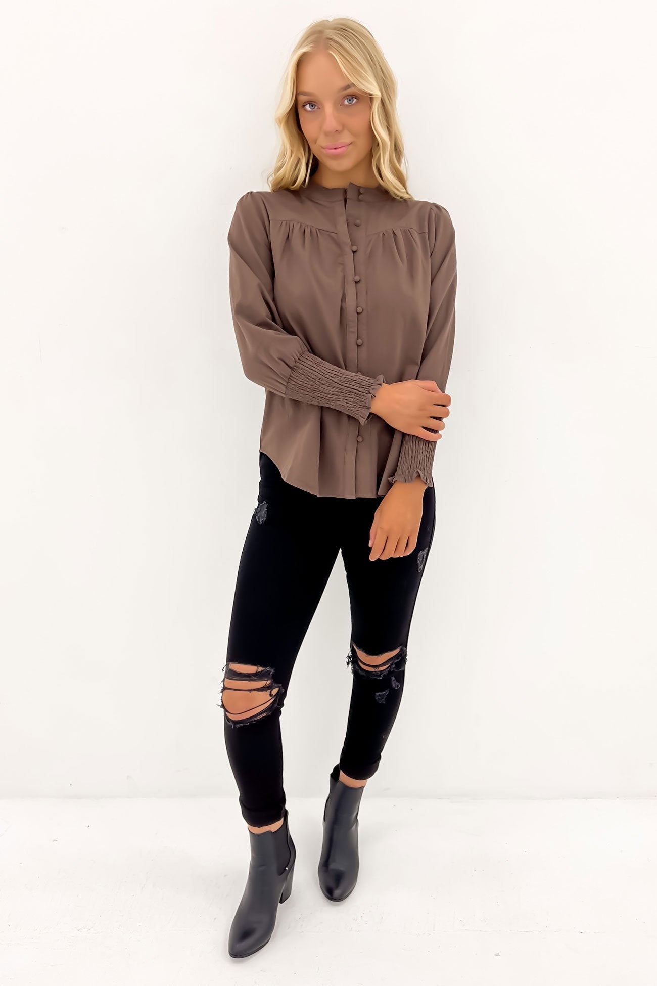 Roxy Shirred Cuff Blouse Chocolate