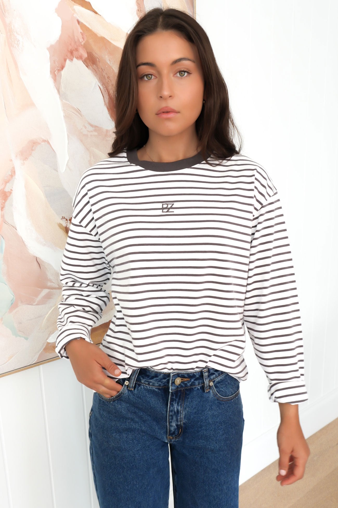 Taylor Stripe Long Sleeve Tee White Charcoal