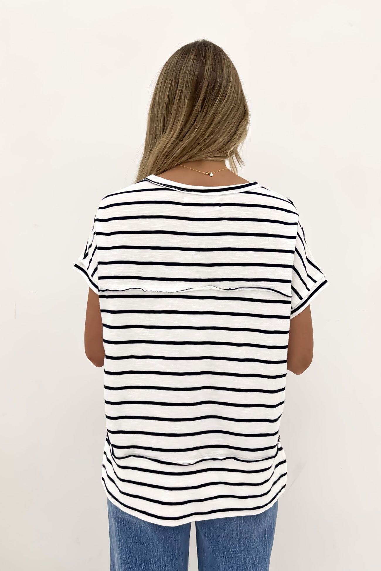 Throw On Short Sleeve Stripe Tee White Navy Stripe