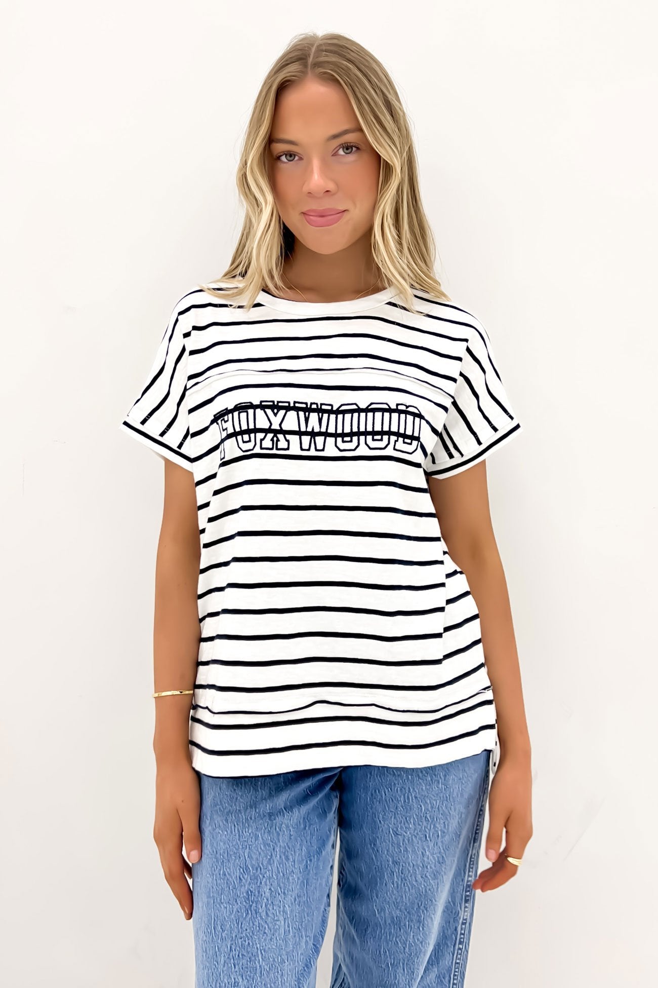 Throw On Short Sleeve Stripe Tee White Navy Stripe