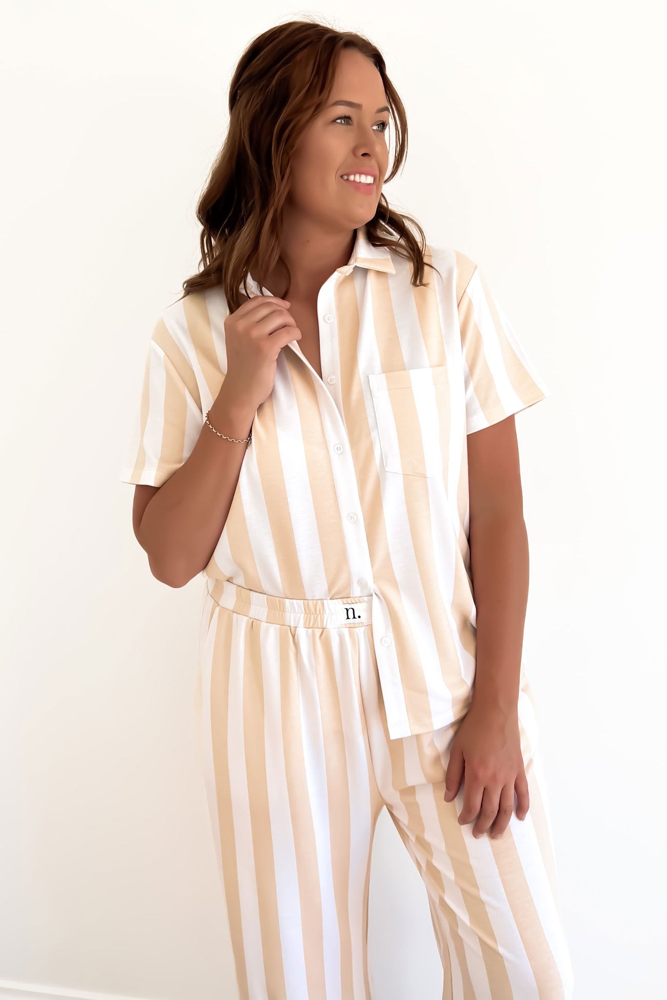 Vacay Comfort Long PJ Set Beige White Stripe