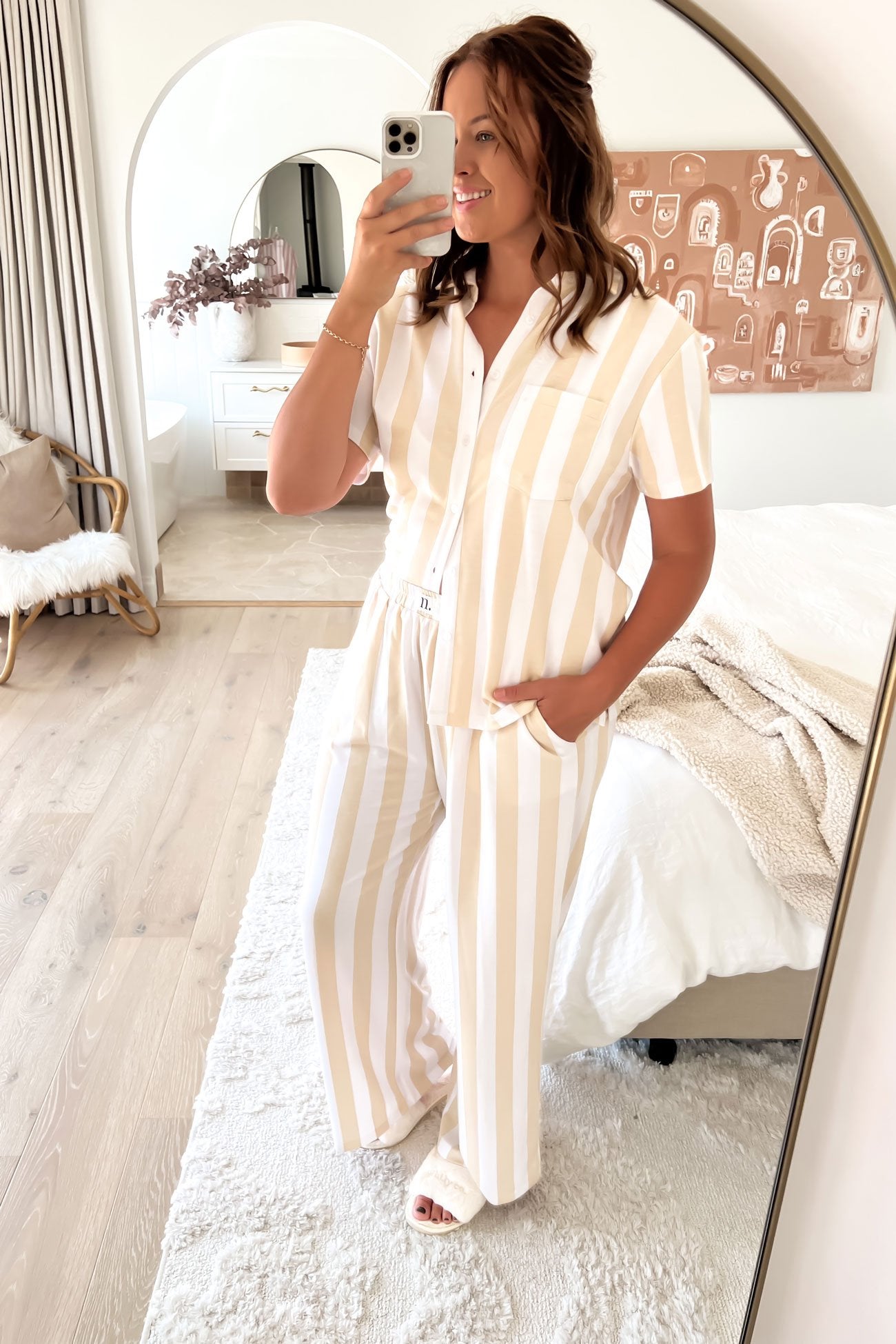 Vacay Comfort Long PJ Set Beige White Stripe