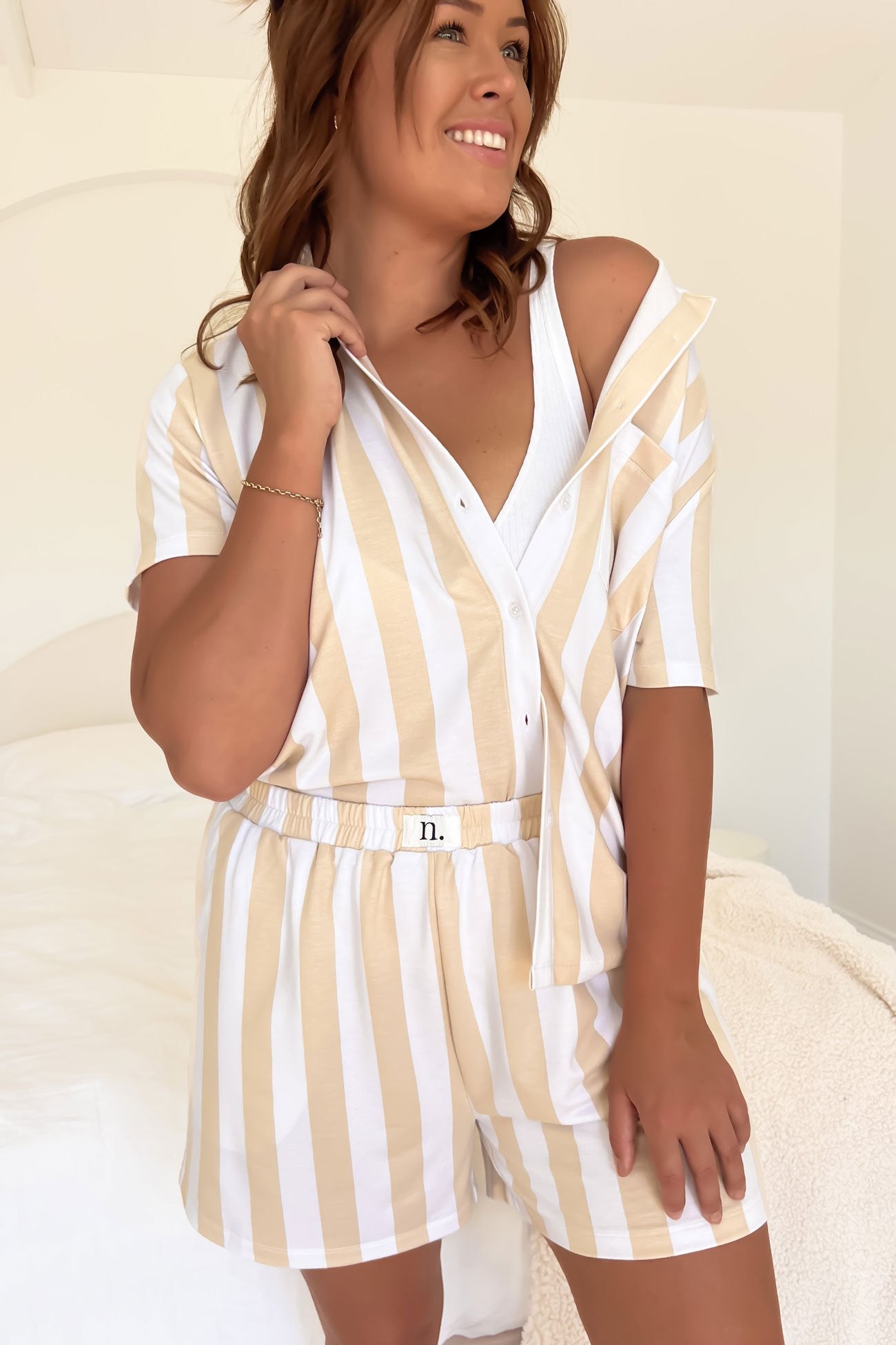 Vacay Comfort PJ Set Beige White Stripe