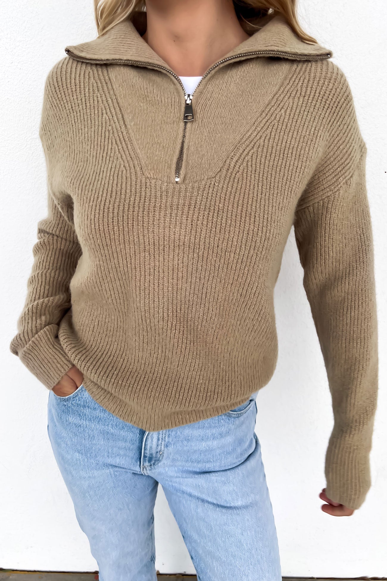 Victoria 1/4 Zip Knit Jumper Camel