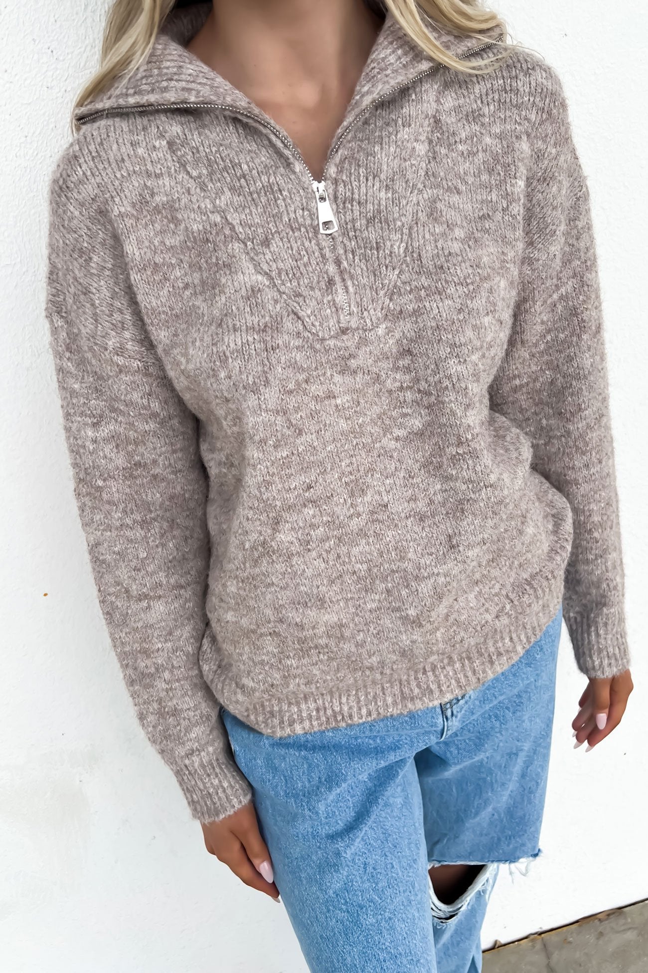 Victoria 1/4 Zip Knit Jumper Taupe