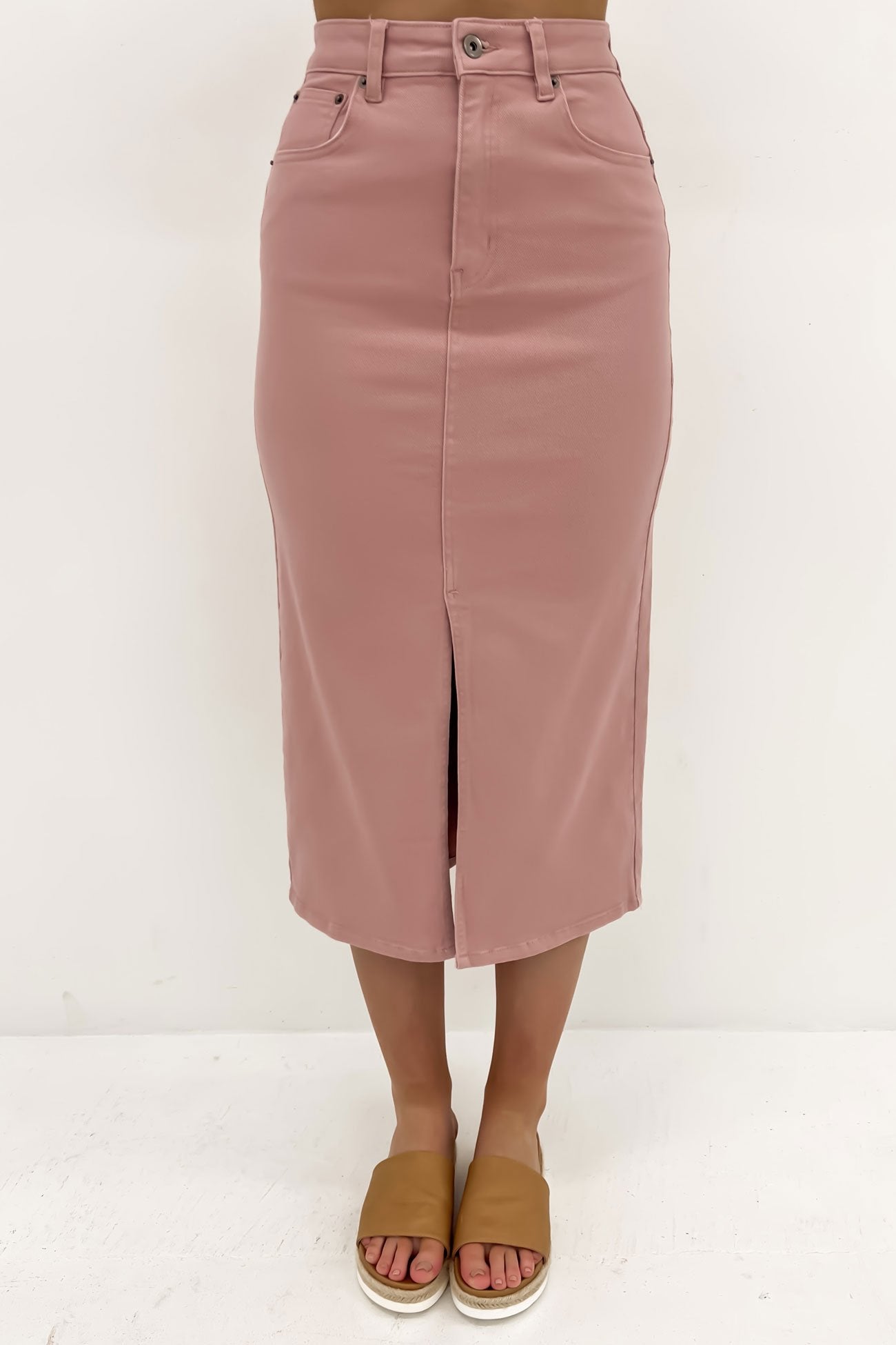 Alivia Denim Midi Skirt Pink