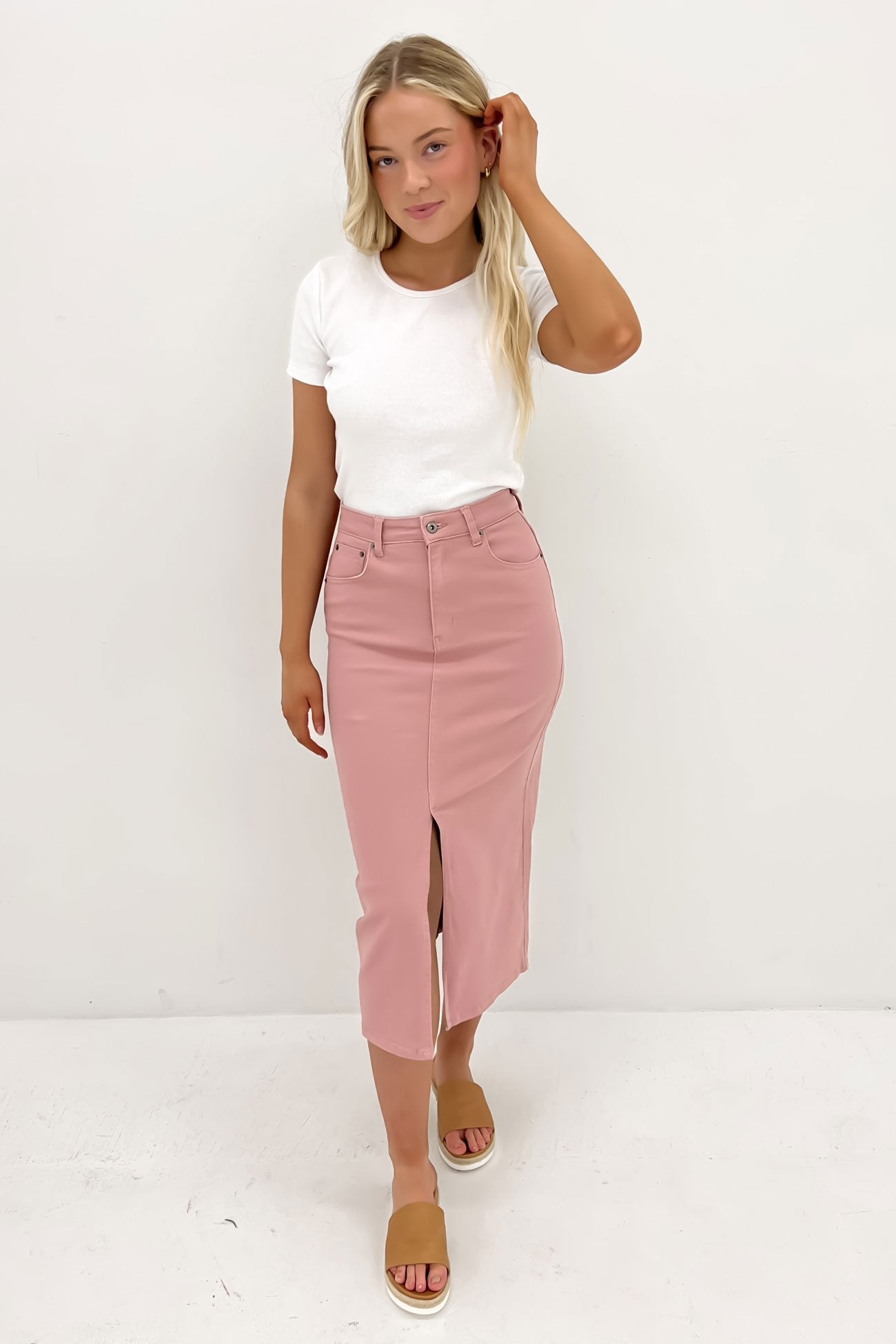 Alivia Denim Midi Skirt Pink