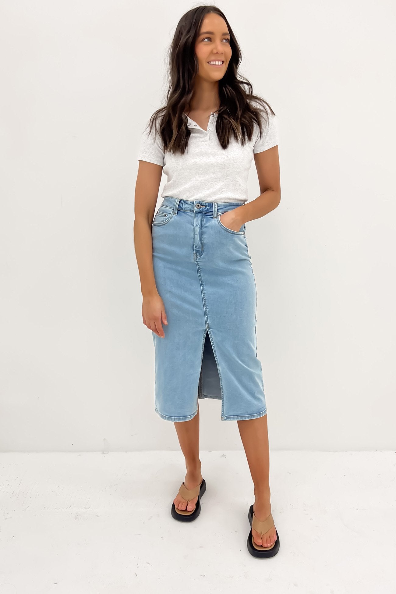 Alivia Denim Midi Skirt Light Blue