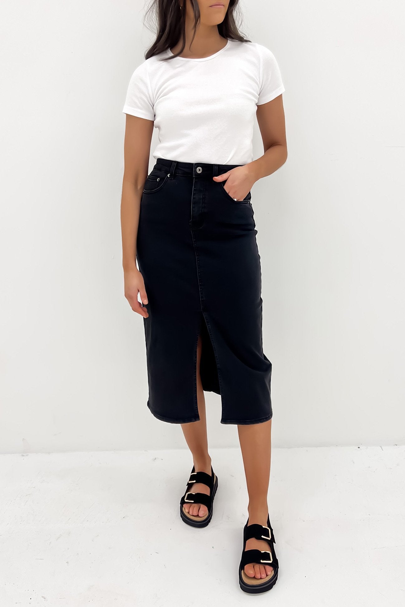 Alivia Denim Midi Skirt Wash Black