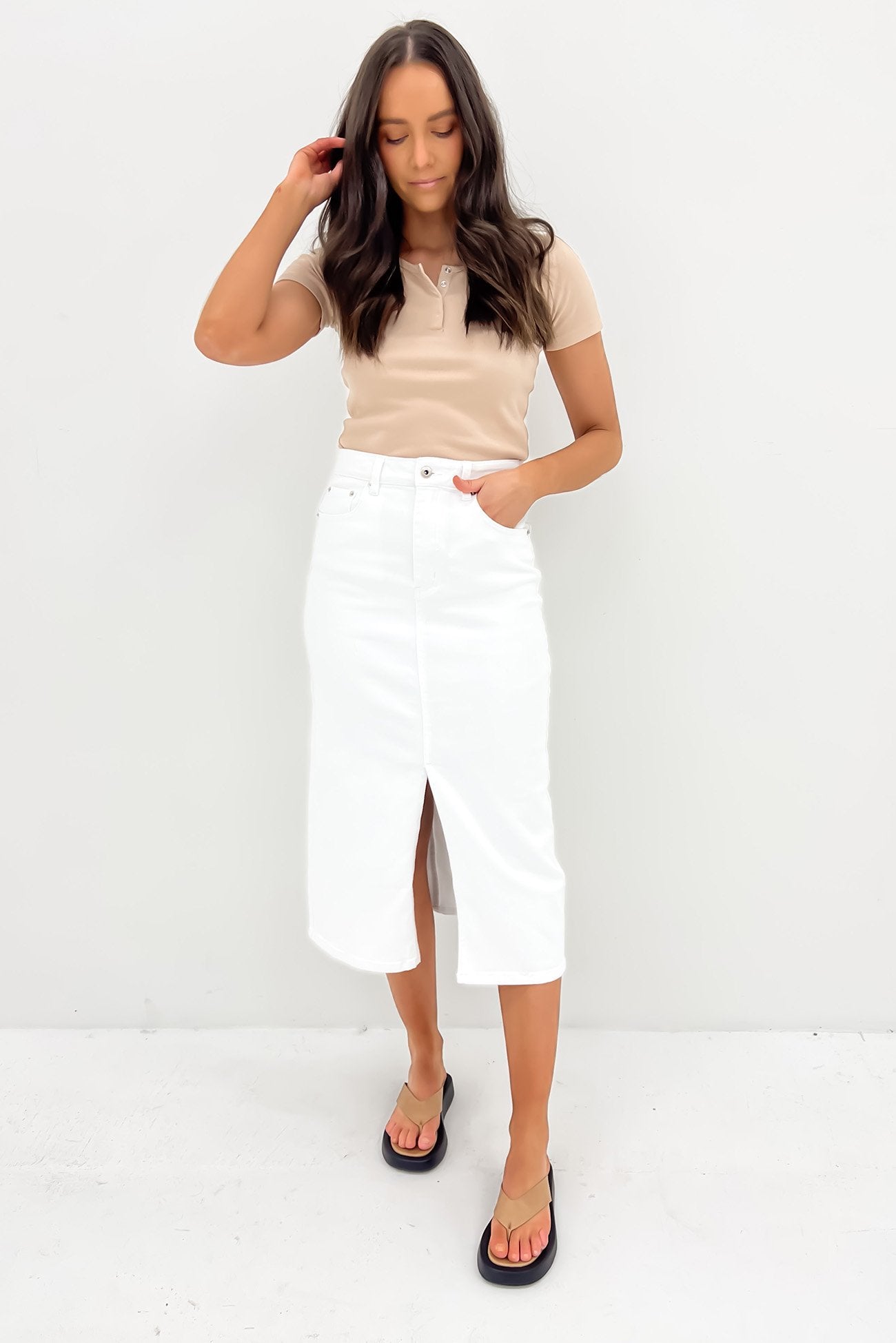 Alivia Denim Midi Skirt White