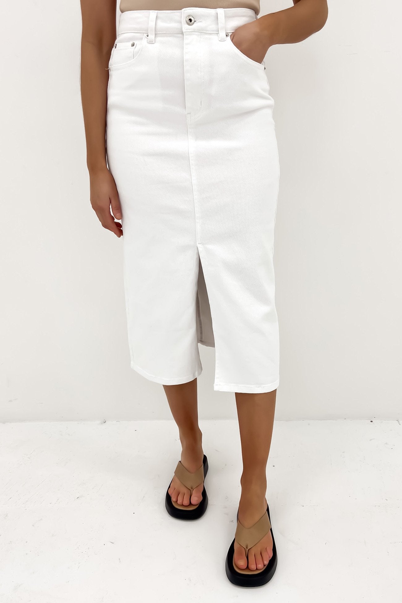 Alivia Denim Midi Skirt White