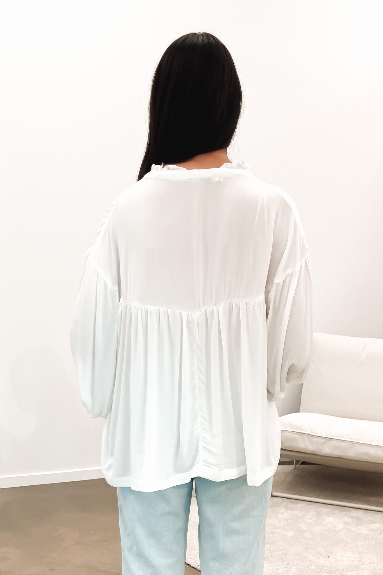 Angela Solid Balloon Sleeve Boho Top White