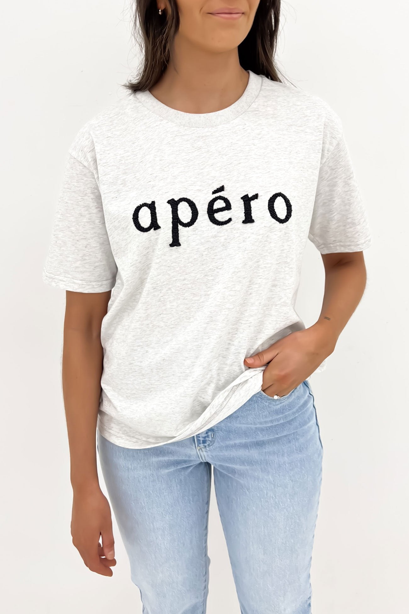 Apero Beaded Tee Grey Marle Black