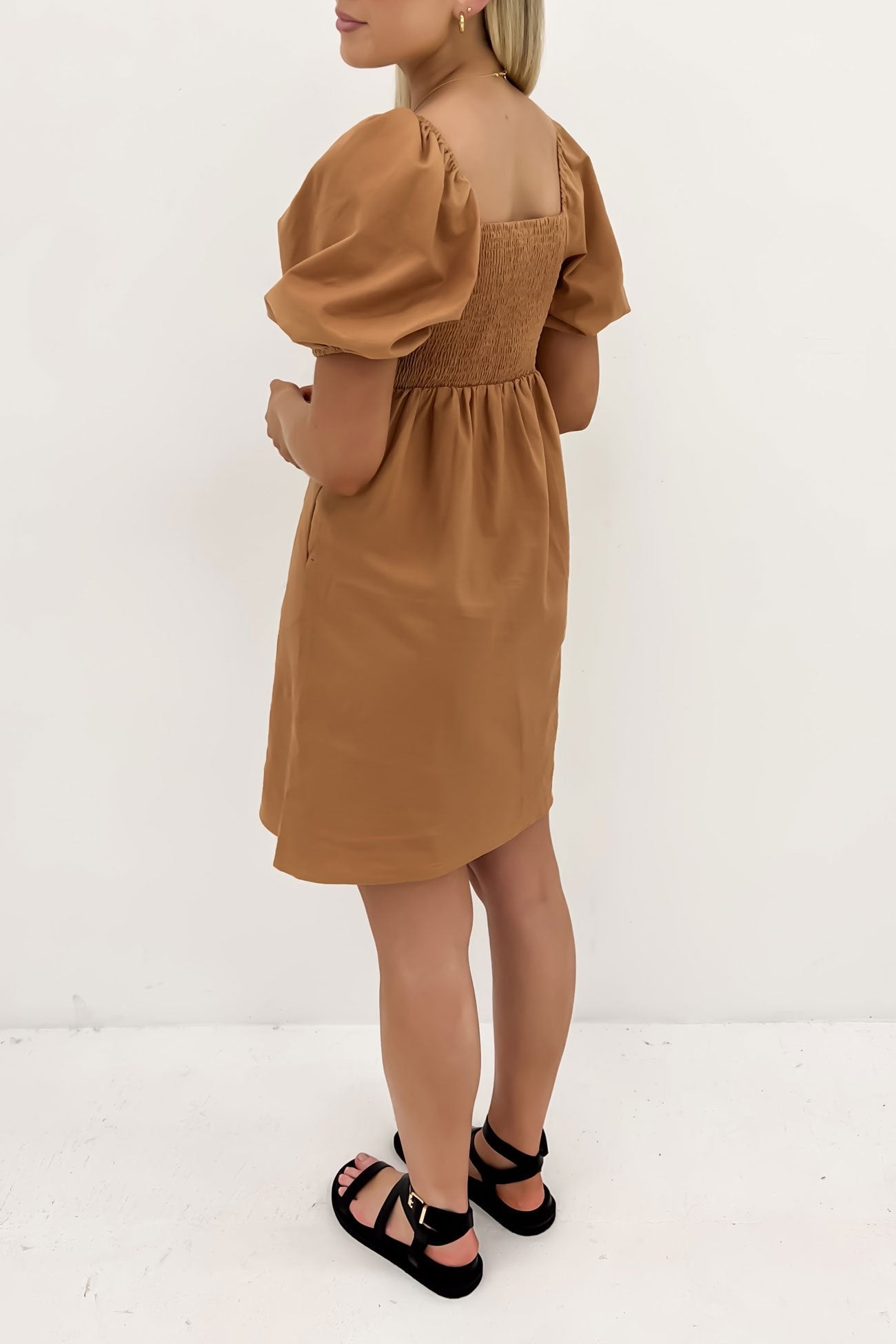 Aria Shirred Back Mini Dress Tan