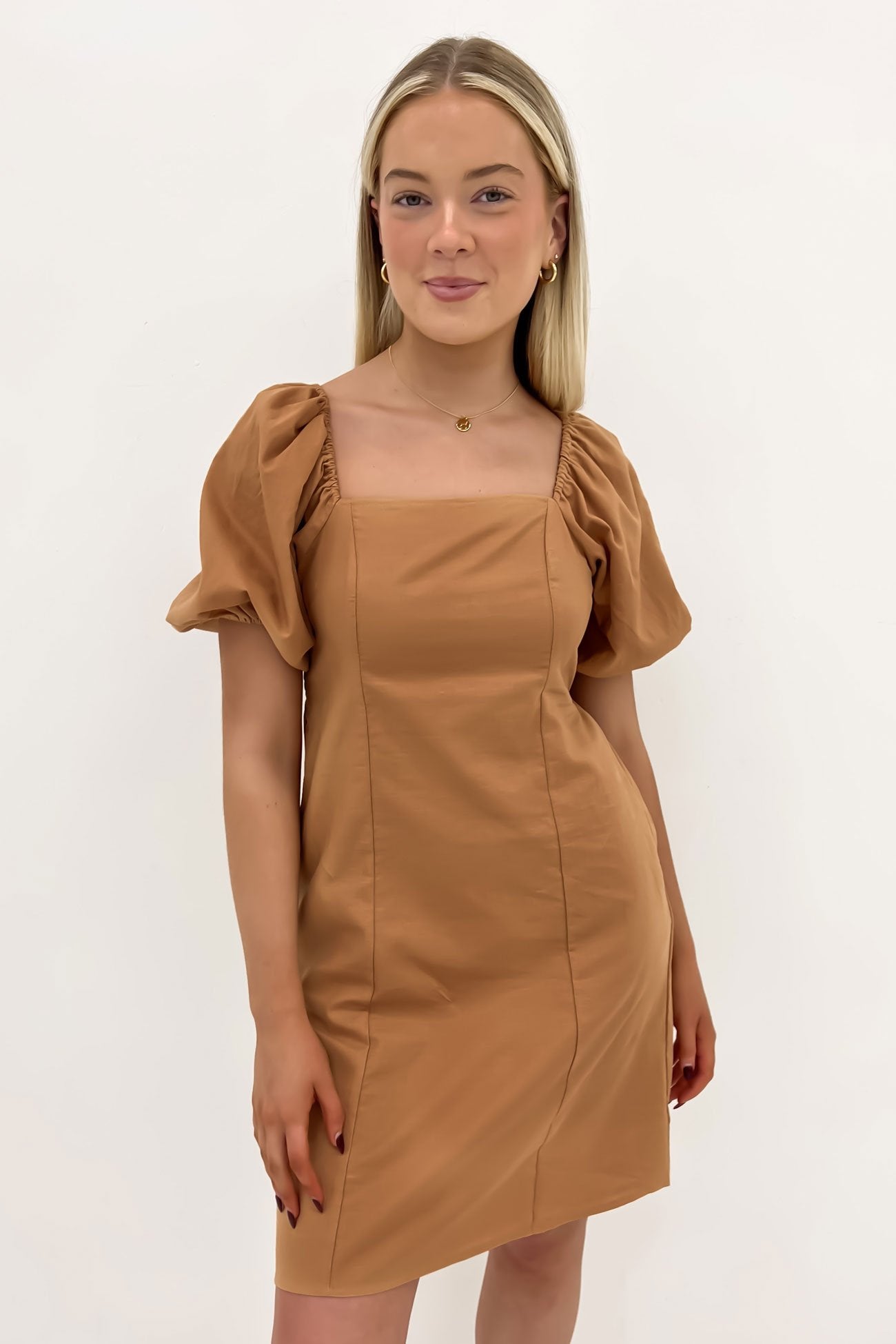 Aria Shirred Back Mini Dress Tan